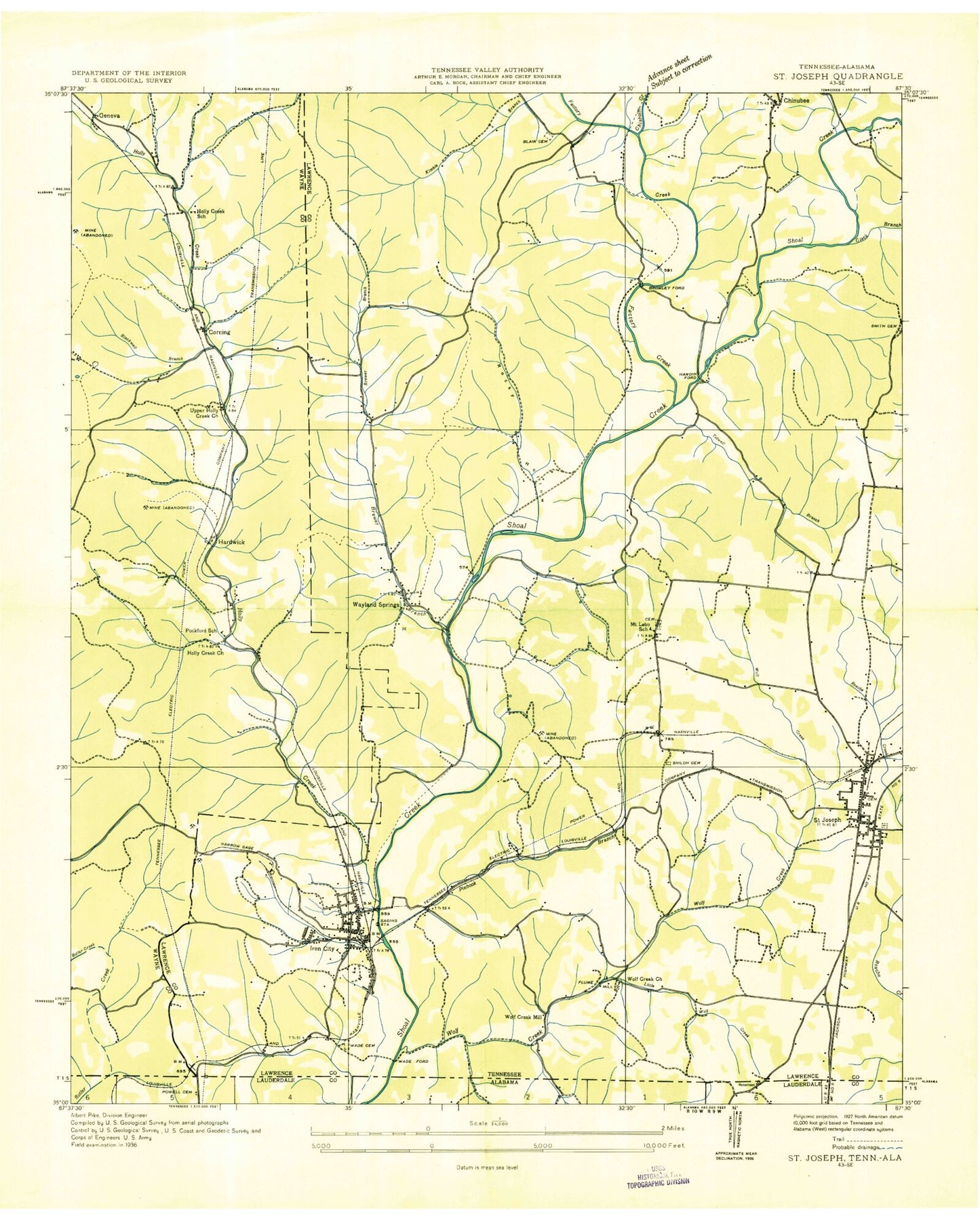 Classic USGS Saint Joseph Tennessee 7.5'x7.5' Topo Map Image