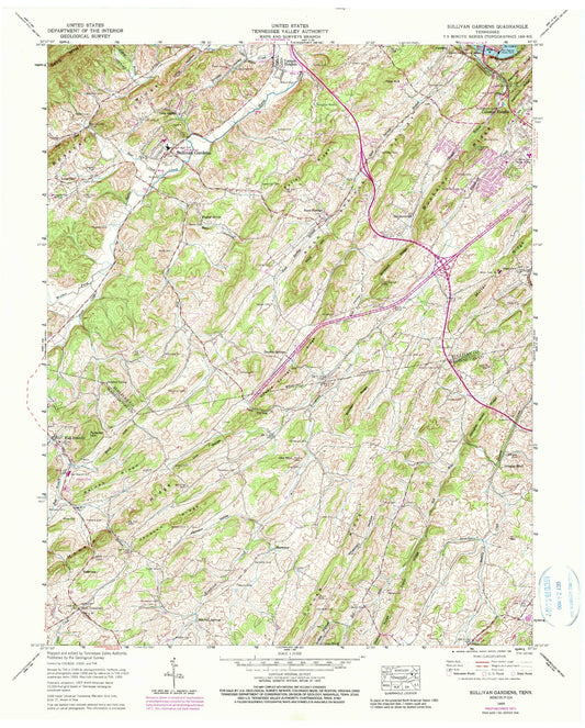 Classic USGS Sullivan Gardens Tennessee 7.5'x7.5' Topo Map Image