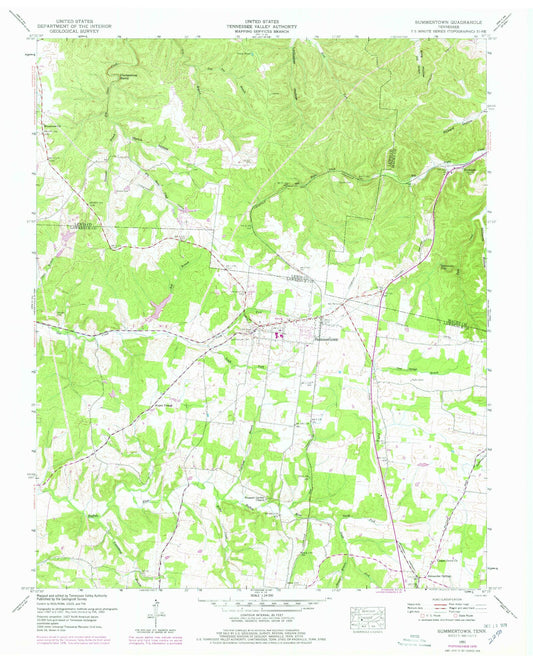 Classic USGS Summertown Tennessee 7.5'x7.5' Topo Map Image