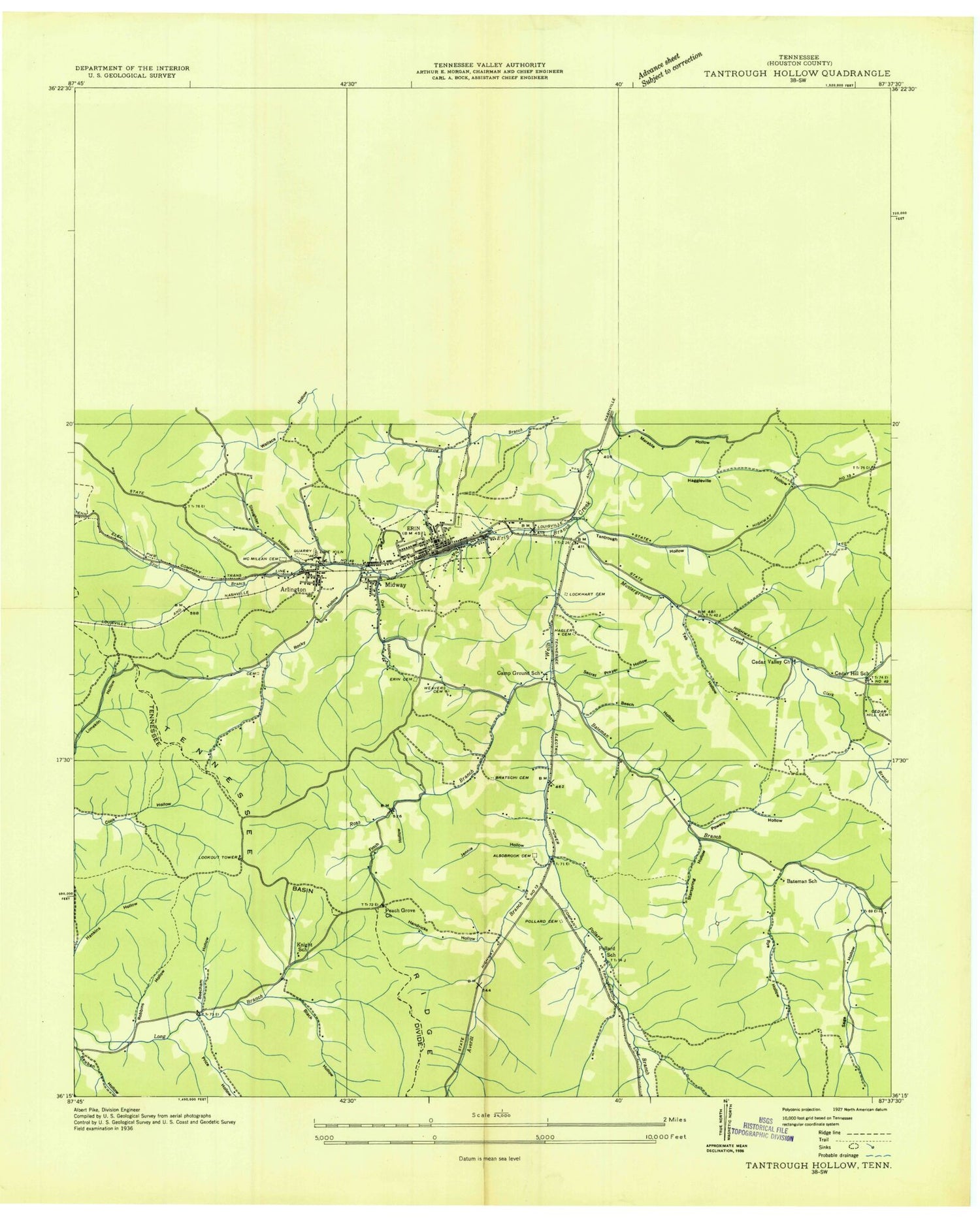 Classic USGS Erin Tennessee 7.5'x7.5' Topo Map Image