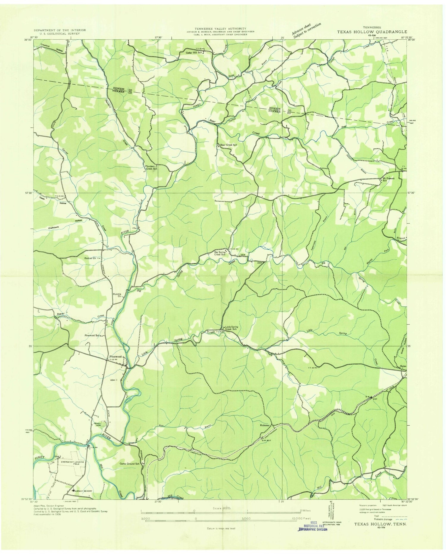 Classic USGS Texas Hollow Tennessee 7.5'x7.5' Topo Map Image