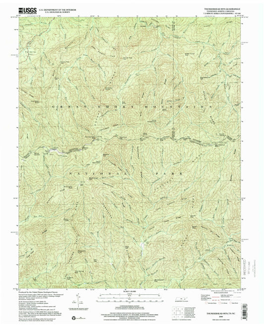Classic USGS Thunderhead Mountain North Carolina 7.5'x7.5' Topo Map Image