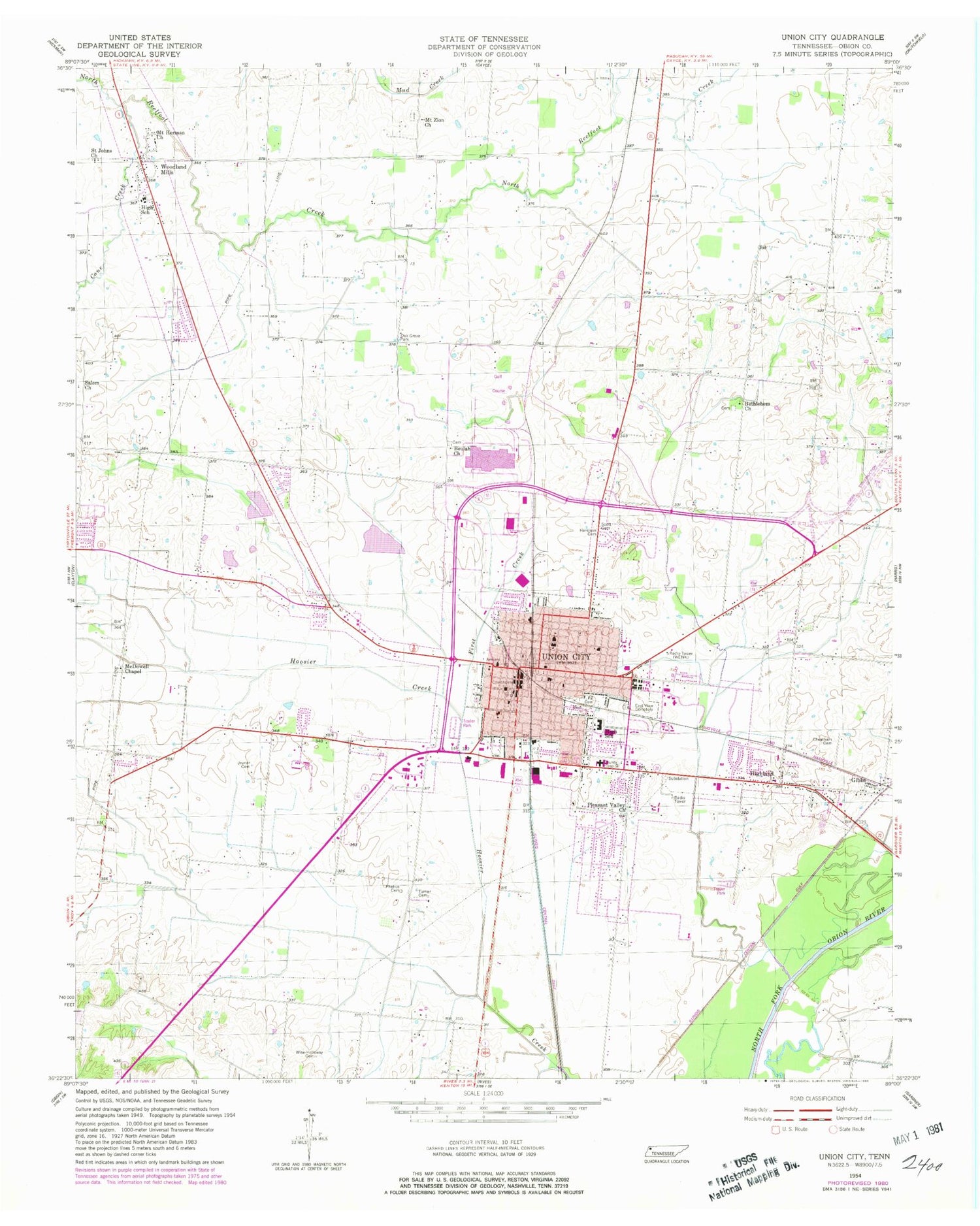 Classic USGS Union City Tennessee 7.5'x7.5' Topo Map Image
