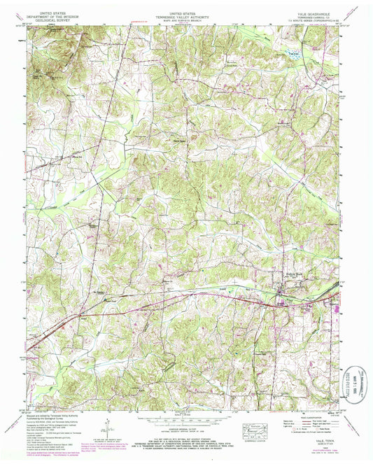 Classic USGS Vale Tennessee 7.5'x7.5' Topo Map Image