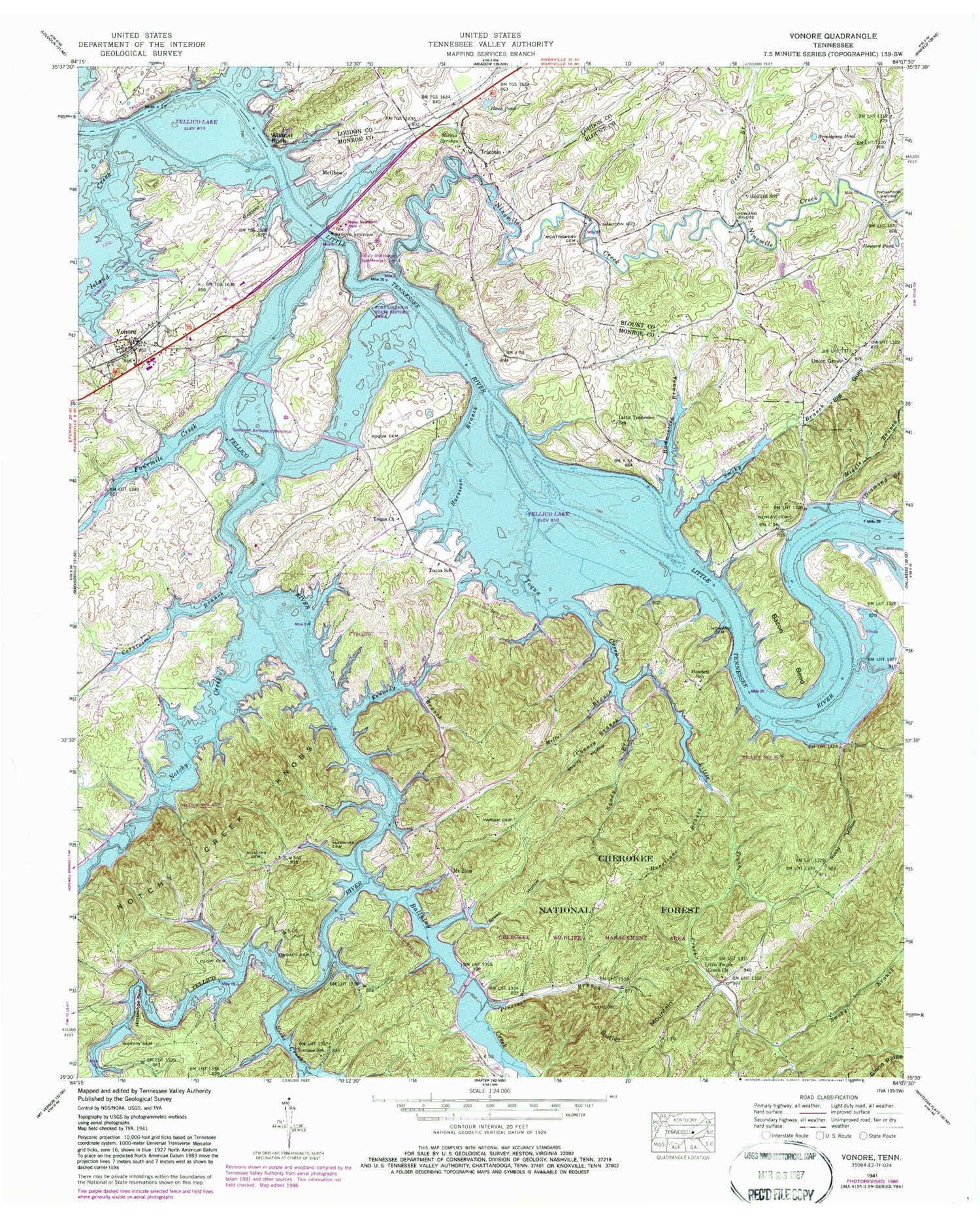 Classic USGS Vonore Tennessee 7.5'x7.5' Topo Map Image