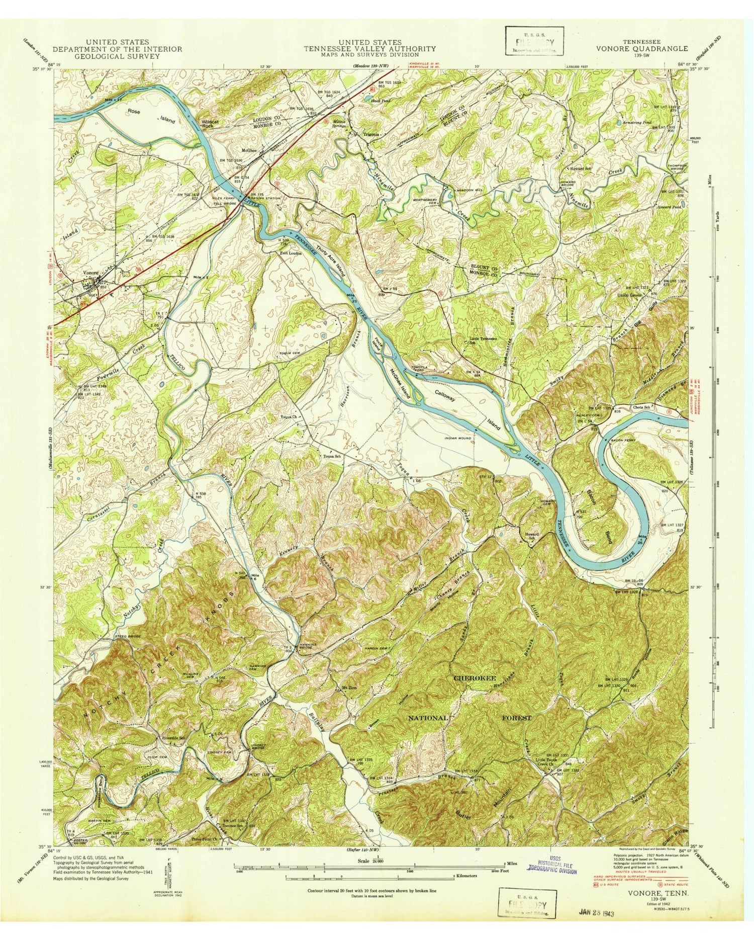 Classic USGS Vonore Tennessee 7.5'x7.5' Topo Map Image