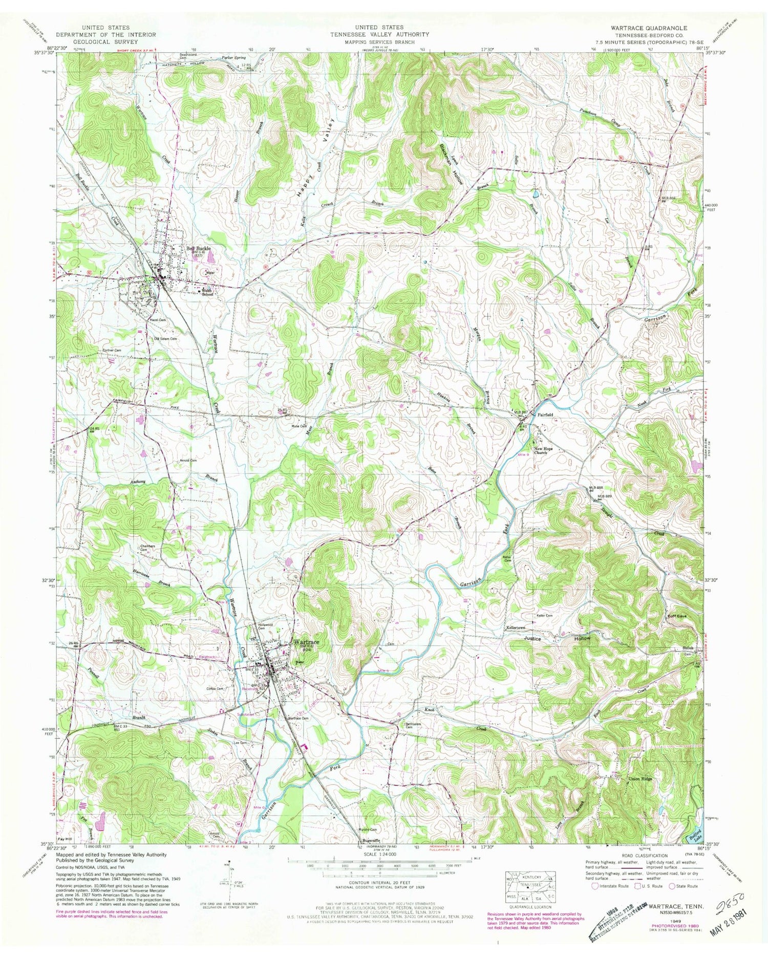 Classic USGS Wartrace Tennessee 7.5'x7.5' Topo Map Image