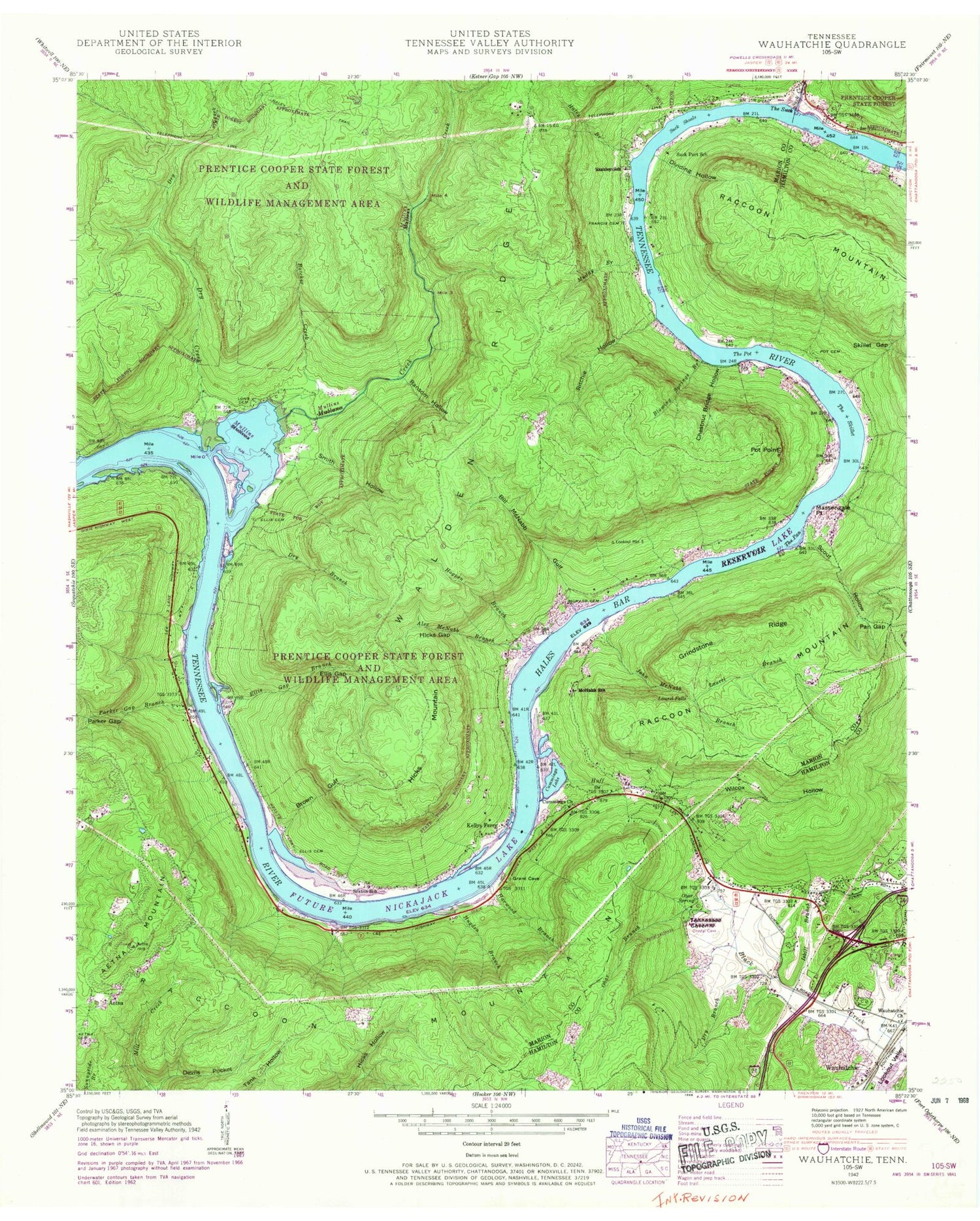 Classic USGS Wauhatchie Tennessee 7.5'x7.5' Topo Map Image