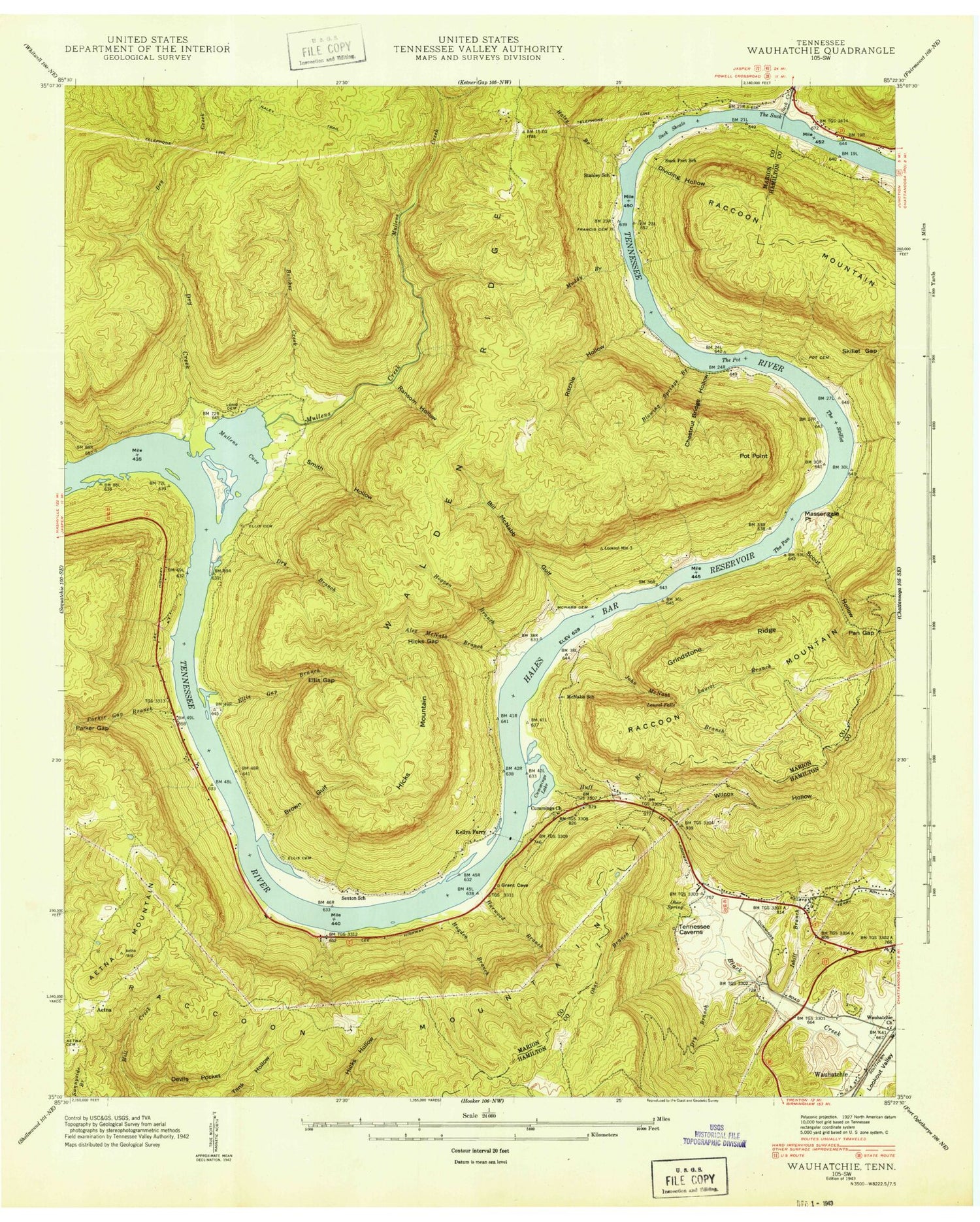 Classic USGS Wauhatchie Tennessee 7.5'x7.5' Topo Map Image