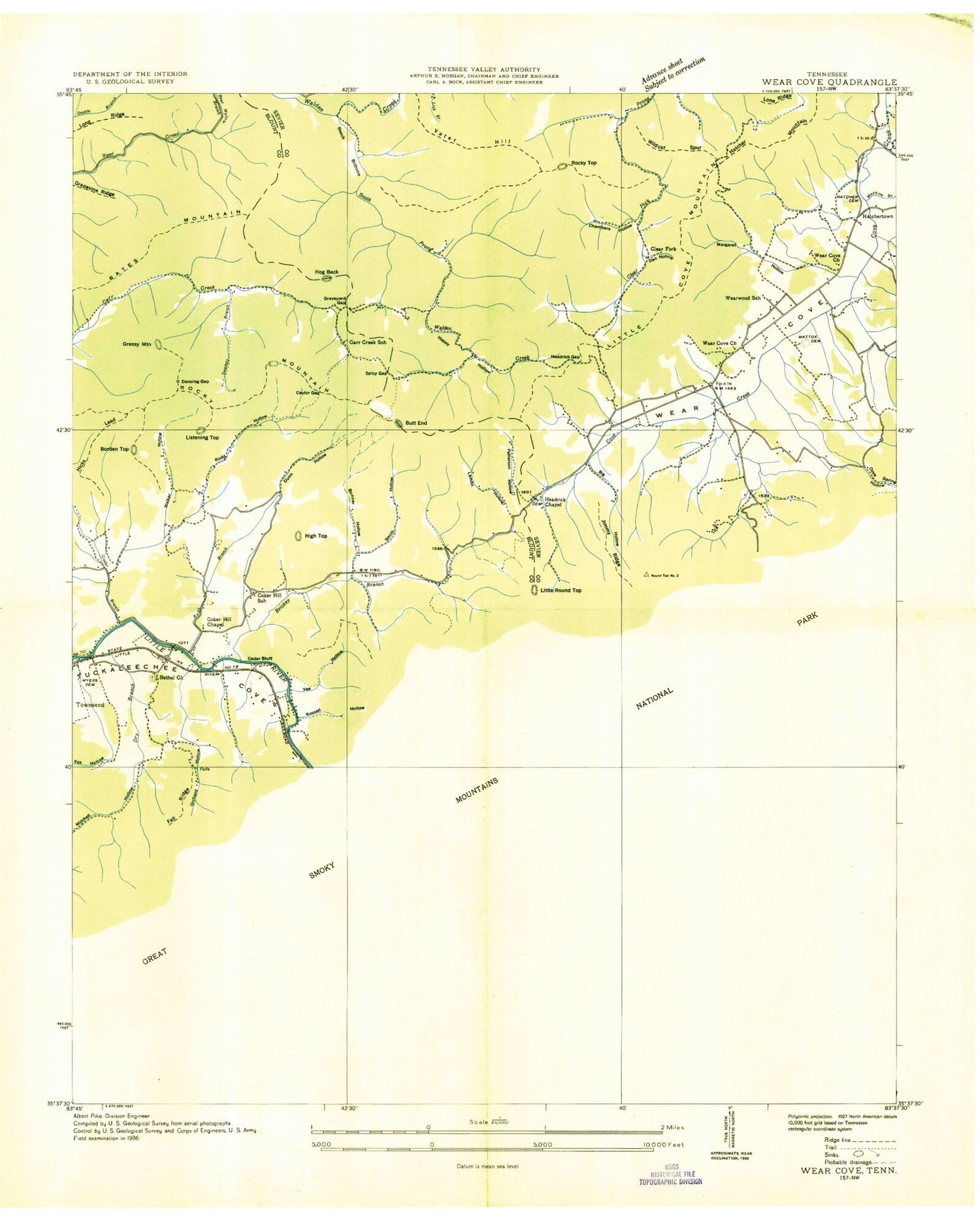 Classic USGS Wear Cove Tennessee 7.5'x7.5' Topo Map Image