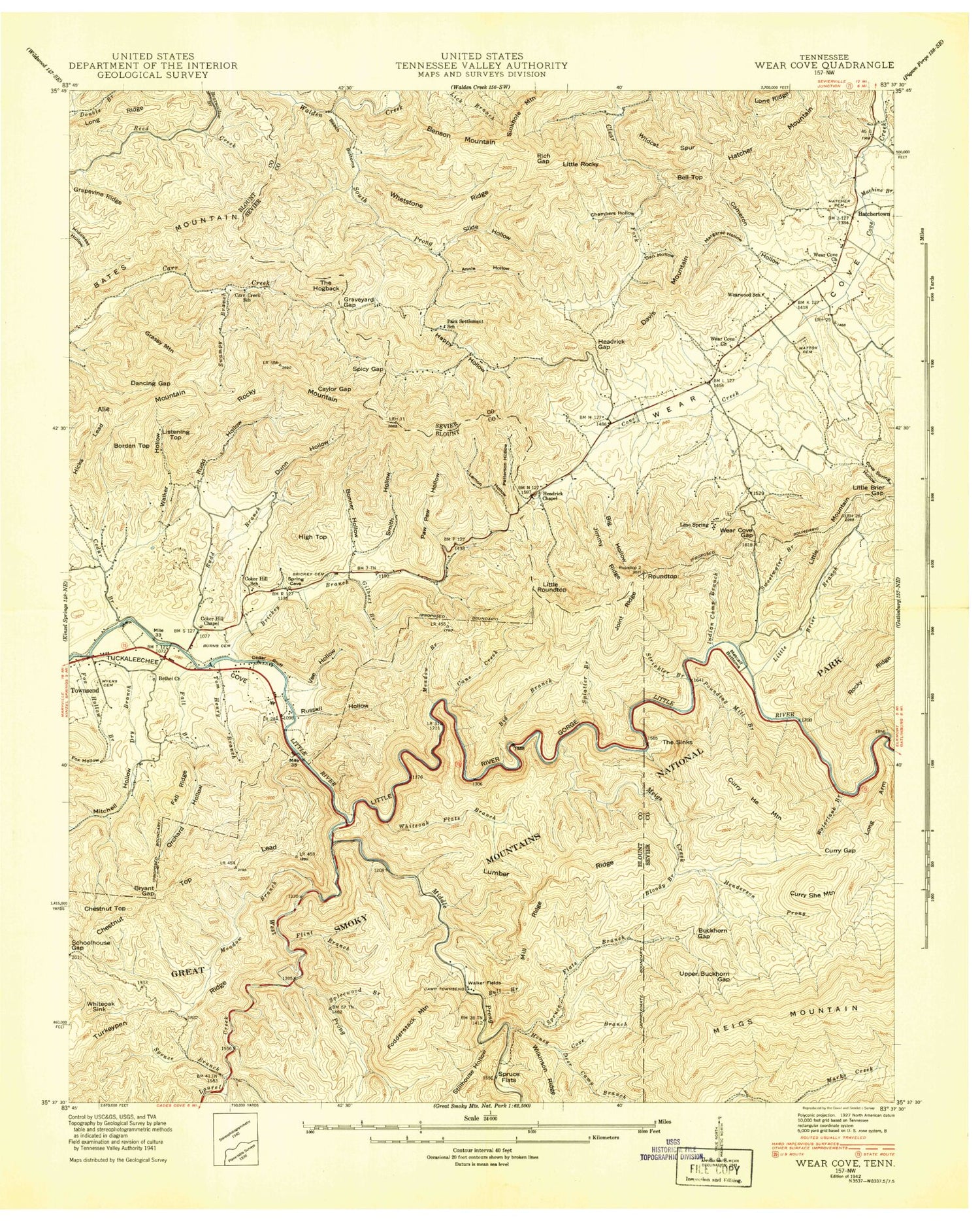 Classic USGS Wear Cove Tennessee 7.5'x7.5' Topo Map Image