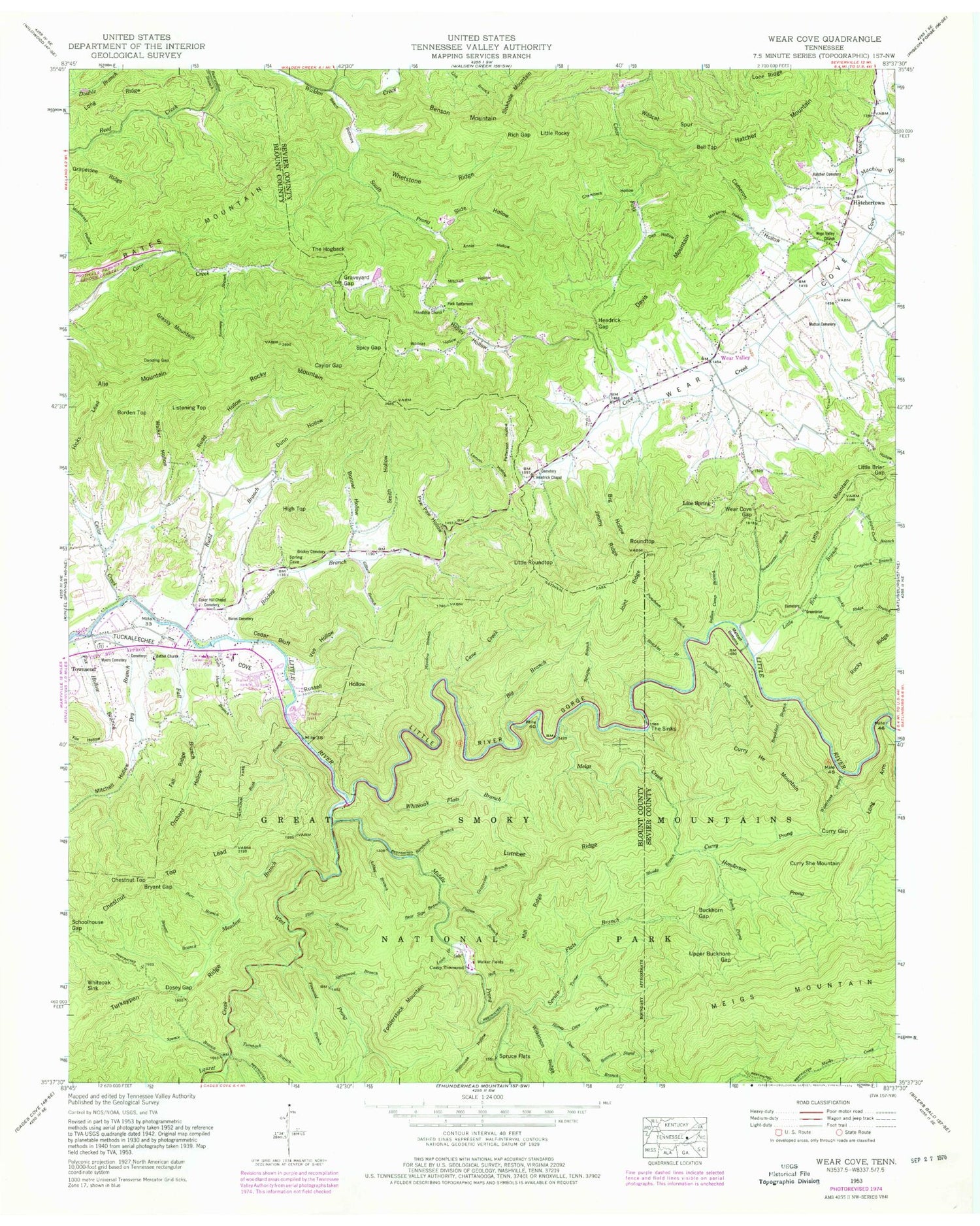 Classic USGS Wear Cove Tennessee 7.5'x7.5' Topo Map Image