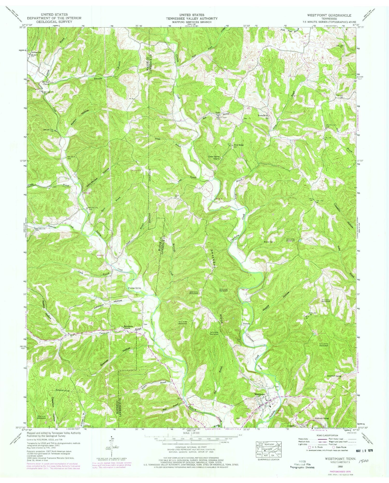 Classic USGS Westpoint Tennessee 7.5'x7.5' Topo Map Image
