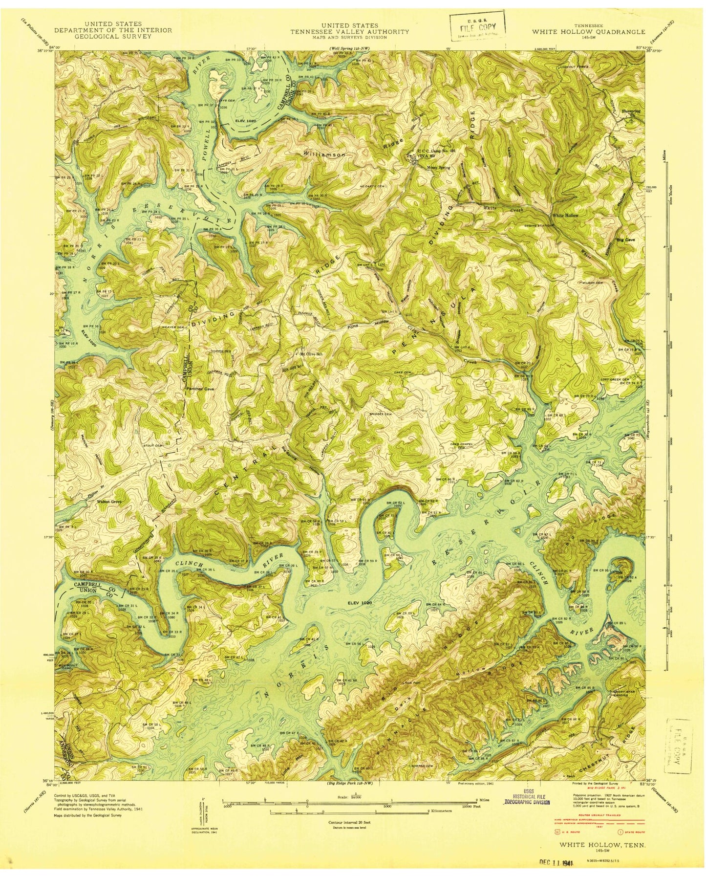 Classic USGS White Hollow Tennessee 7.5'x7.5' Topo Map Image
