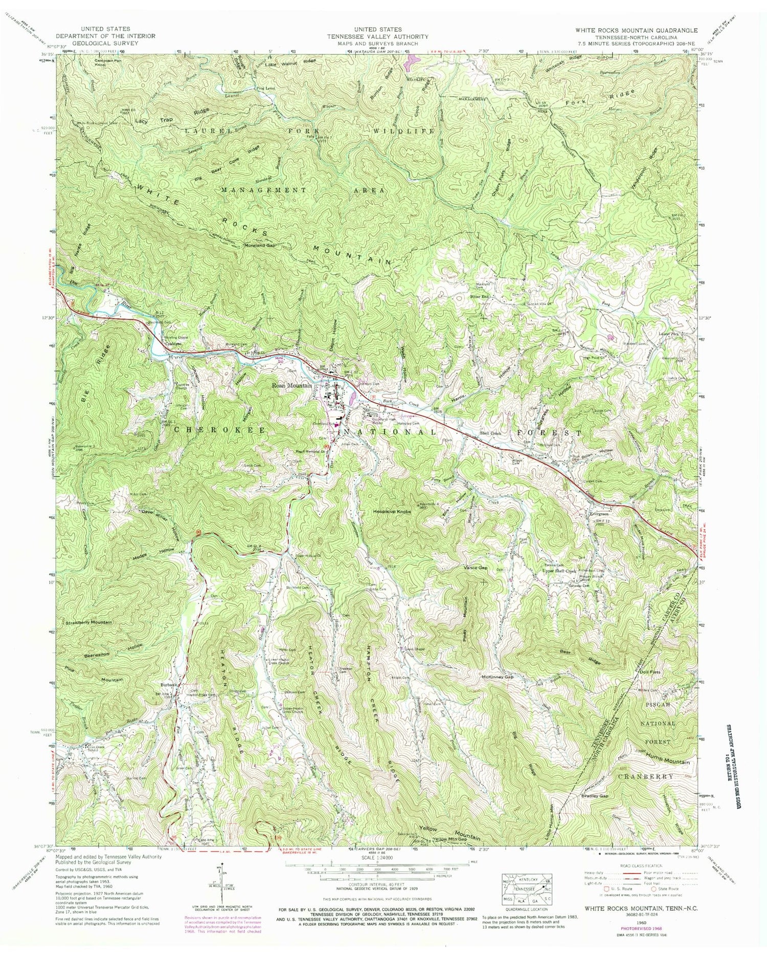Classic USGS White Rocks Mountain Tennessee 7.5'x7.5' Topo Map Image