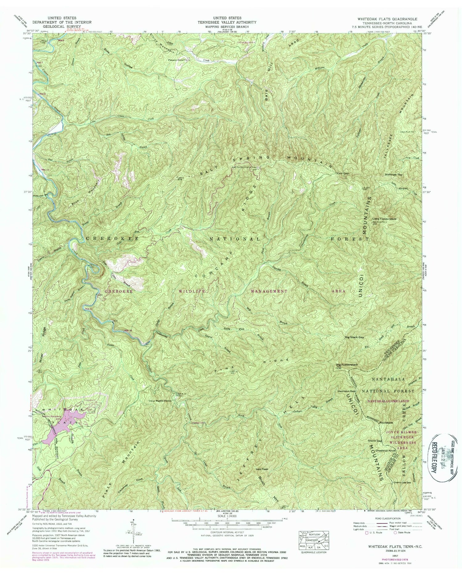 Classic USGS Whiteoak Flats Tennessee 7.5'x7.5' Topo Map Image