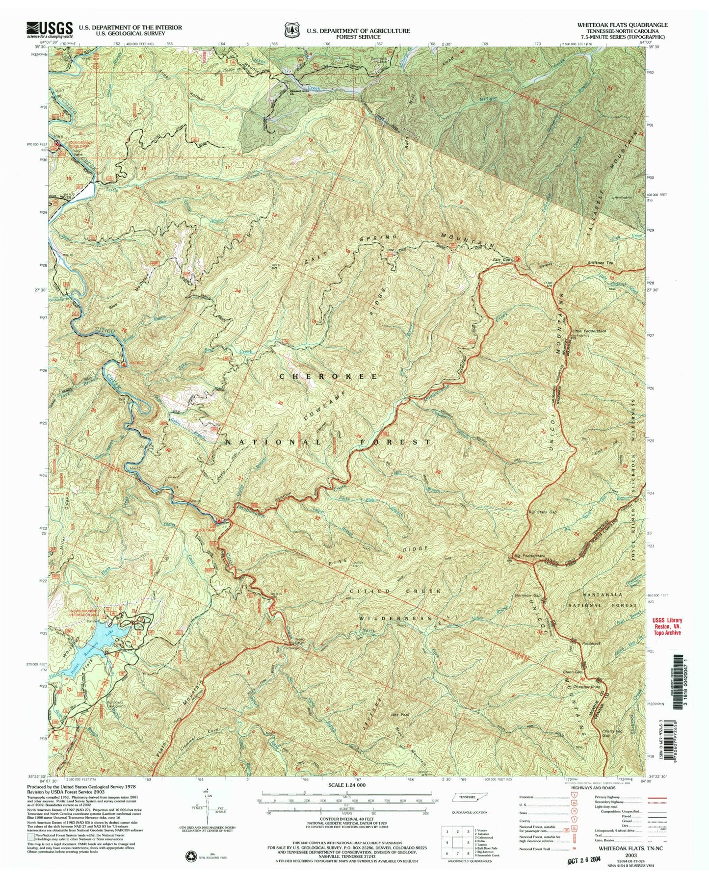 Classic USGS Whiteoak Flats Tennessee 7.5'x7.5' Topo Map Image