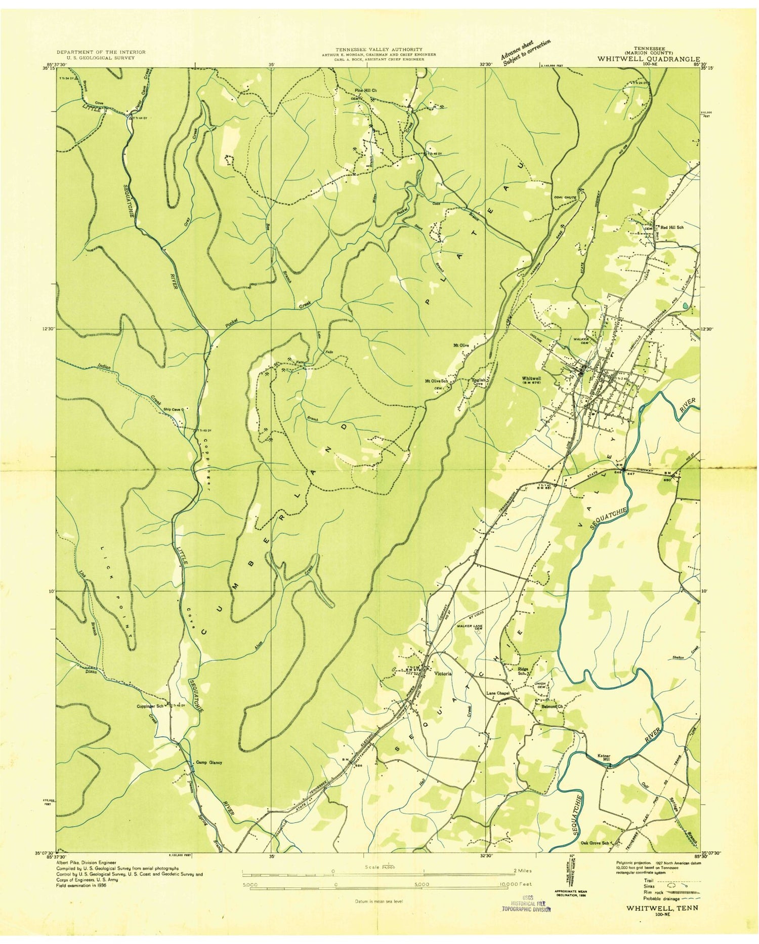 Classic USGS Whitwell Tennessee 7.5'x7.5' Topo Map Image
