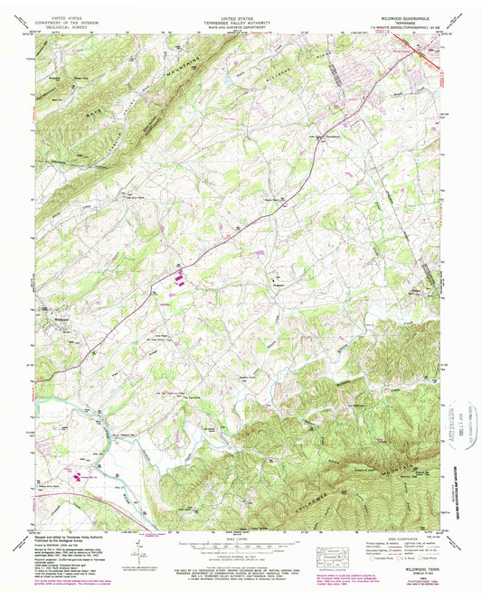 Classic USGS Wildwood Tennessee 7.5'x7.5' Topo Map Image