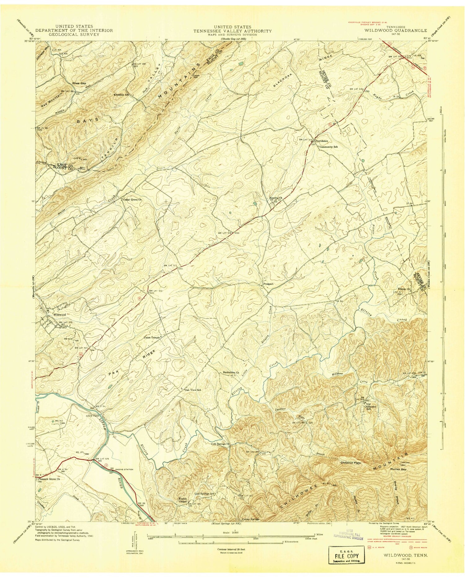 Classic USGS Wildwood Tennessee 7.5'x7.5' Topo Map Image