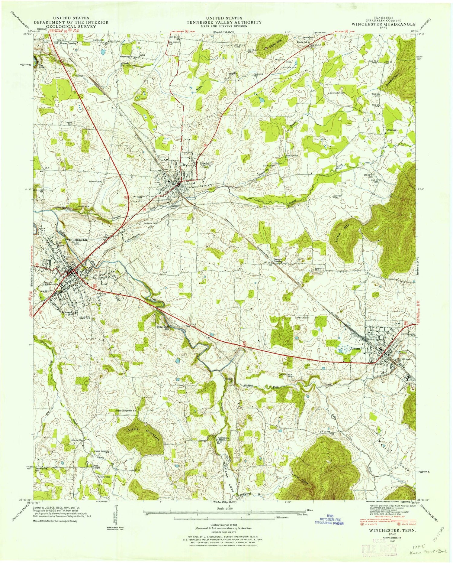 Classic USGS Winchester Tennessee 7.5'x7.5' Topo Map Image