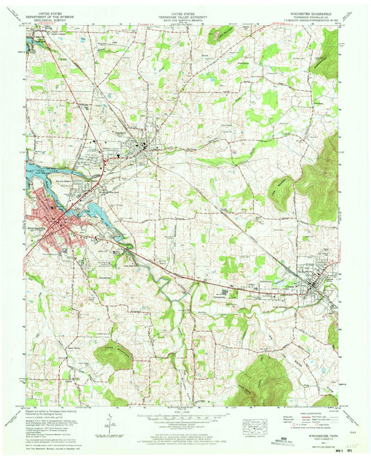 Classic USGS Winchester Tennessee 7.5'x7.5' Topo Map Image