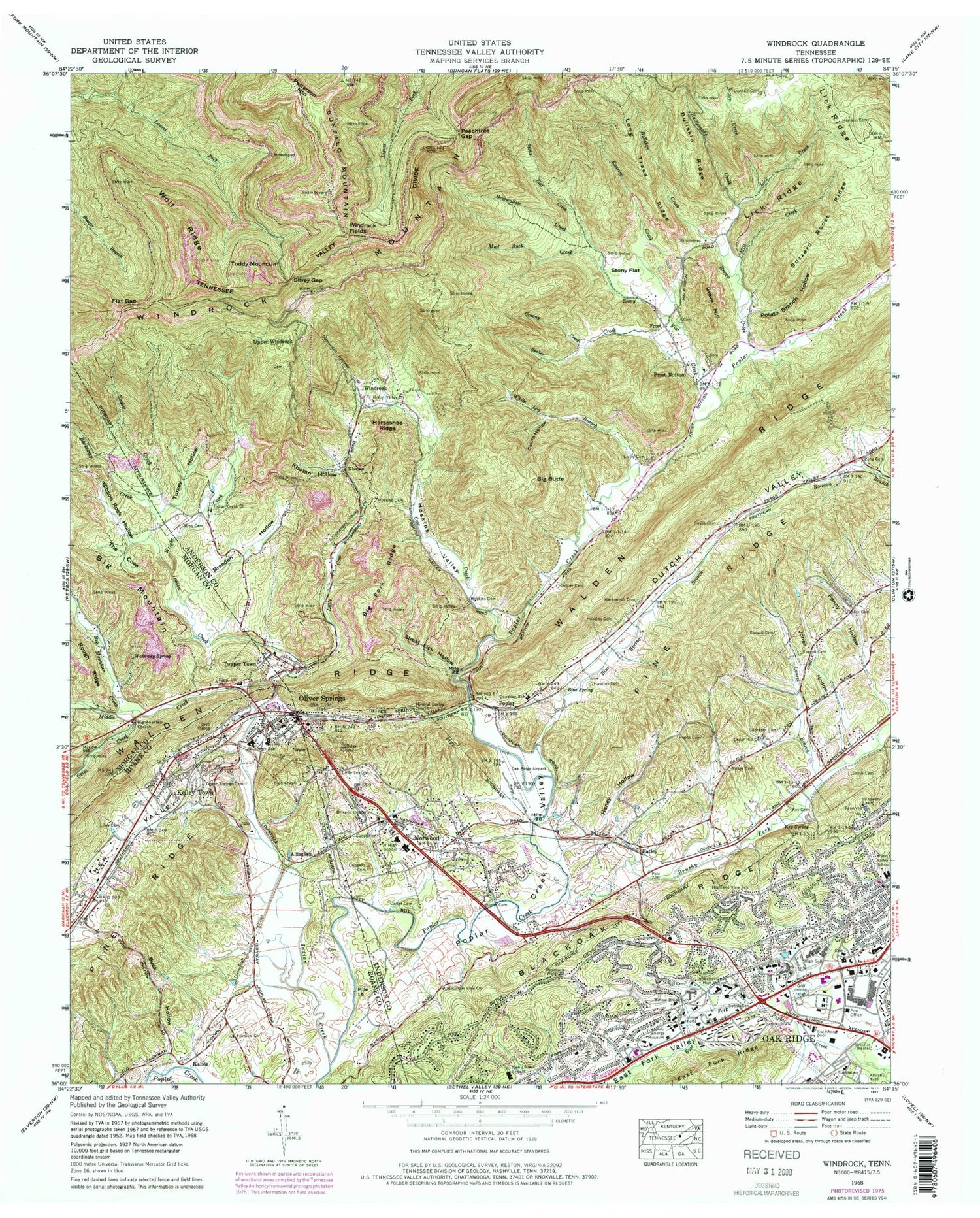 Classic USGS Windrock Tennessee 7.5'x7.5' Topo Map Image