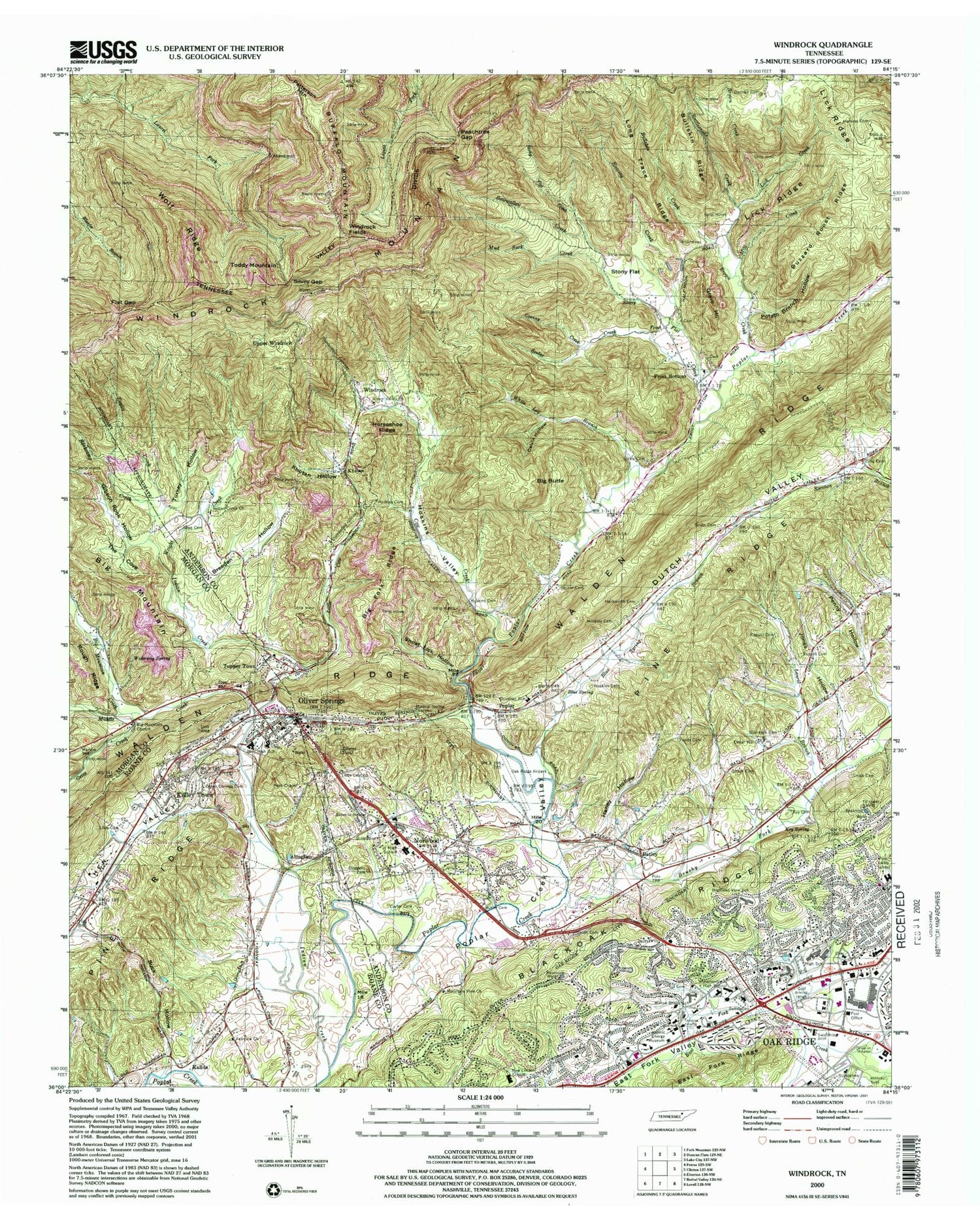 Classic USGS Windrock Tennessee 7.5'x7.5' Topo Map Image