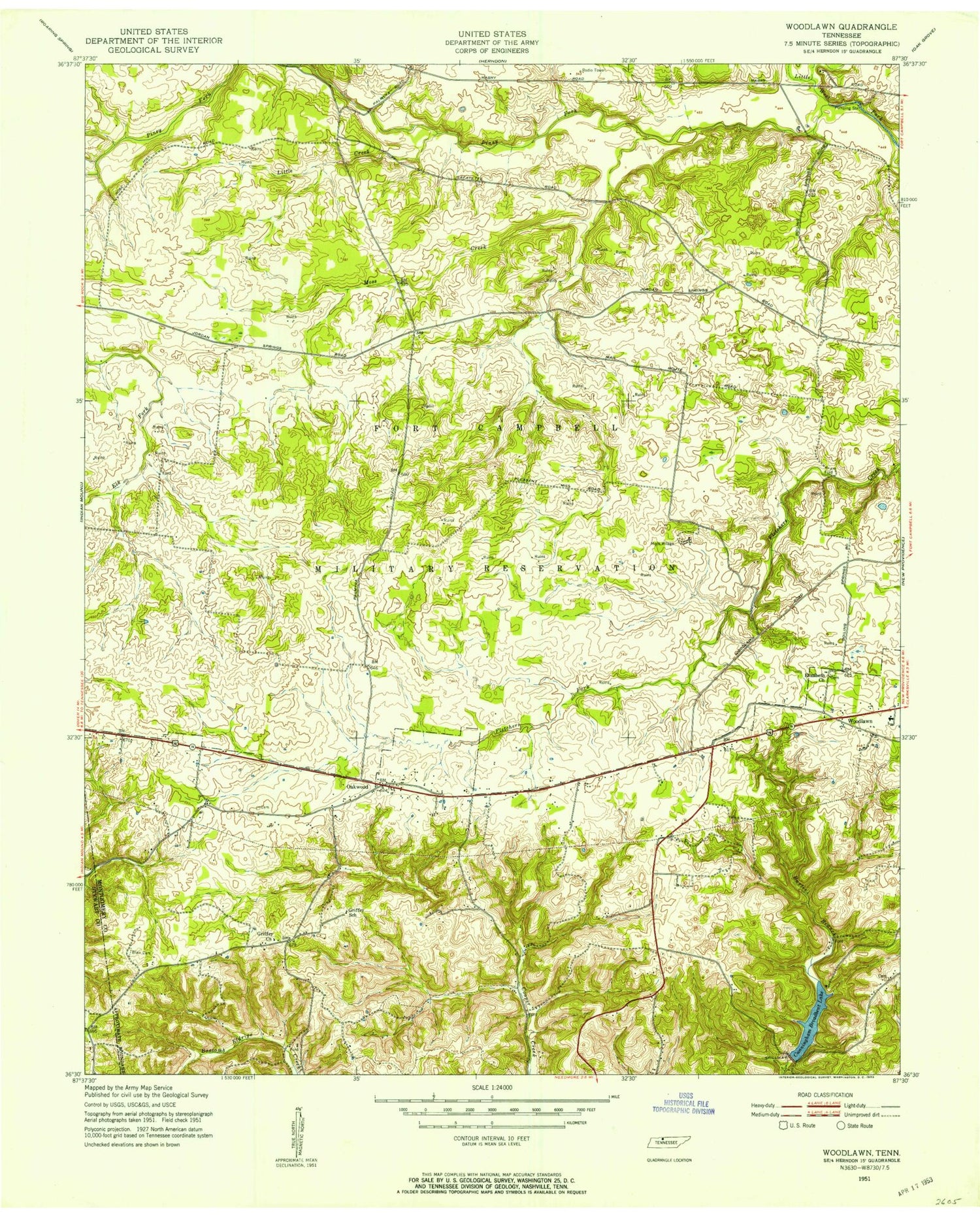 Classic USGS Woodlawn Tennessee 7.5'x7.5' Topo Map Image