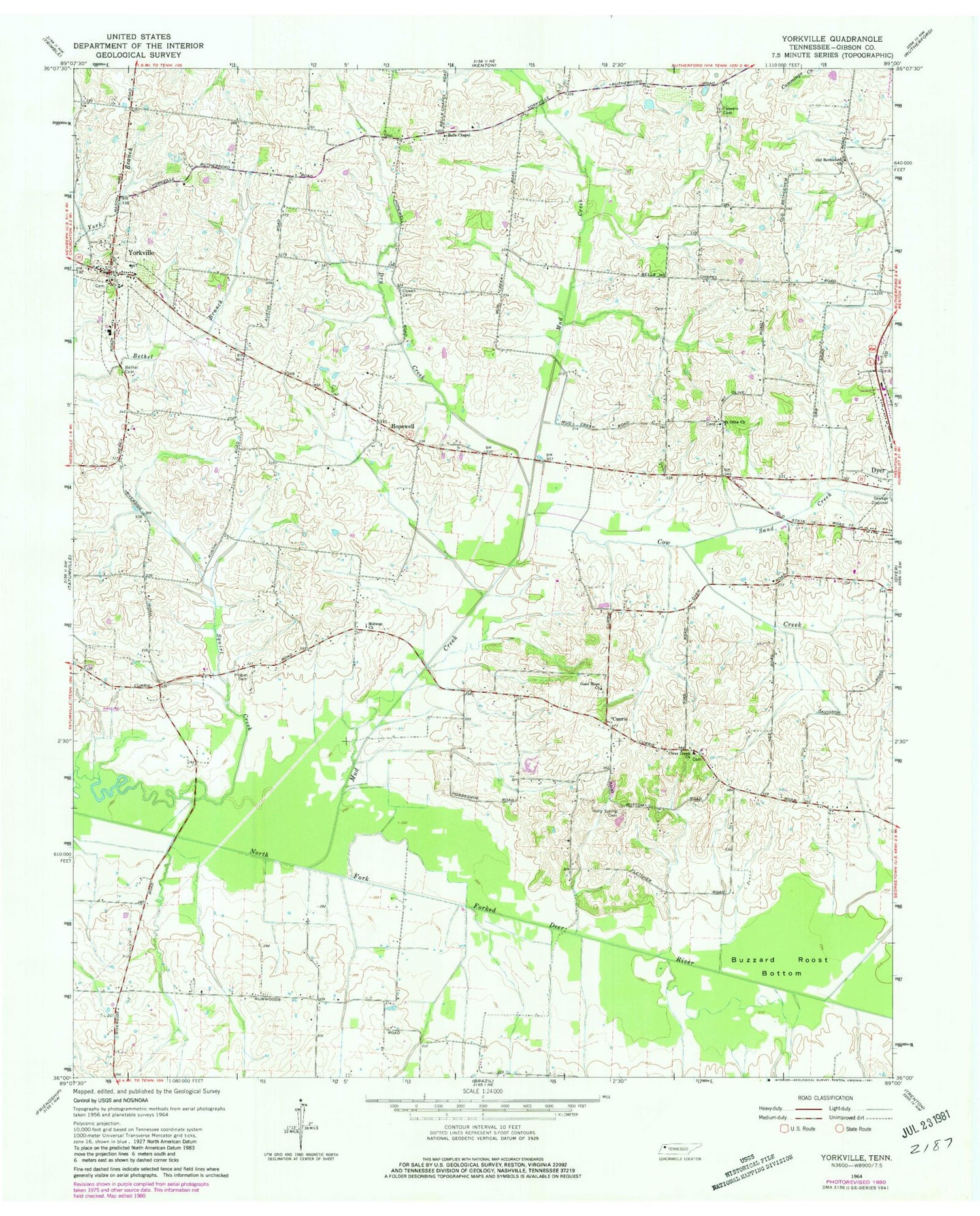 Classic USGS Yorkville Tennessee 7.5'x7.5' Topo Map Image