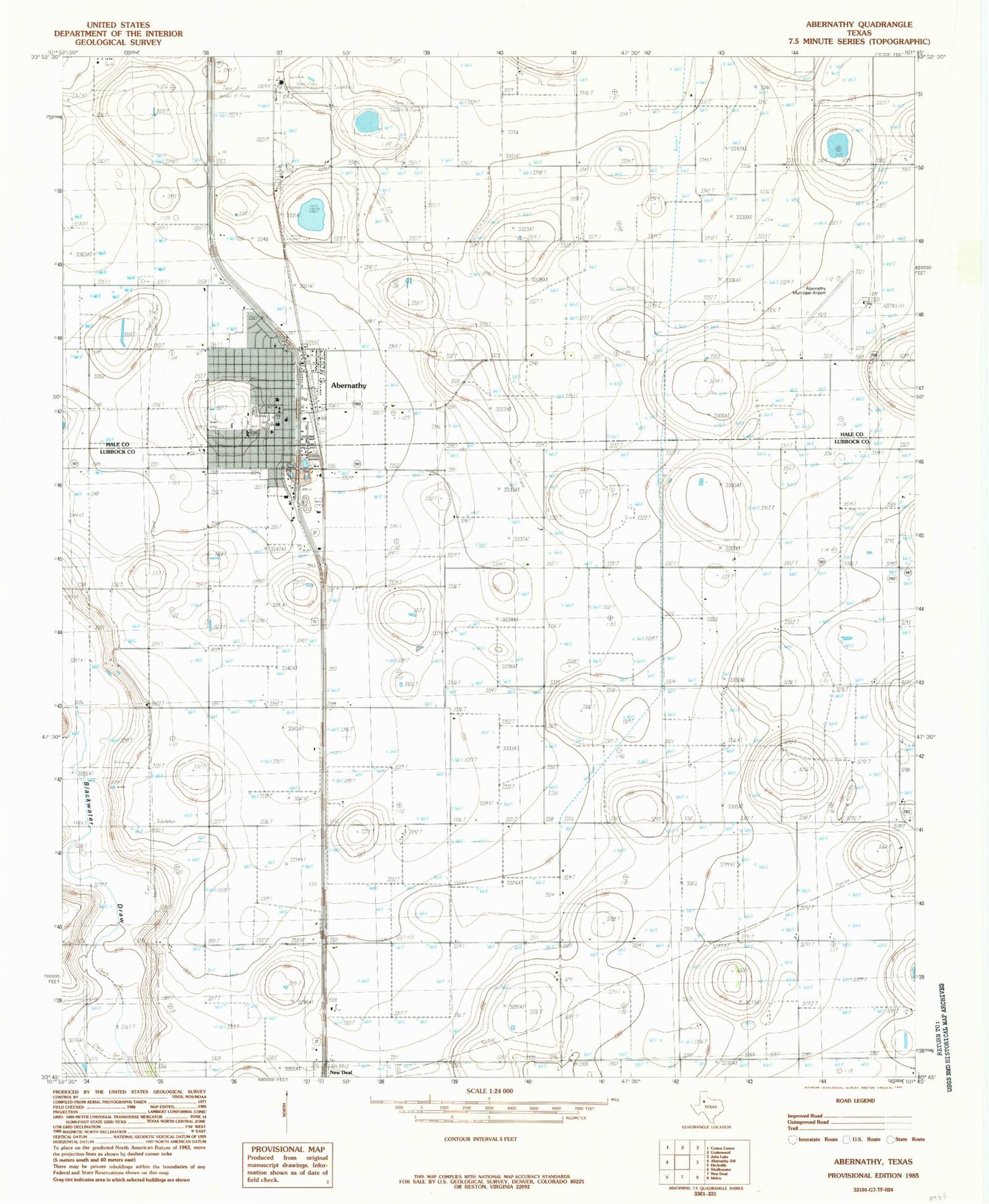 Classic USGS Abernathy Texas 7.5'x7.5' Topo Map Image
