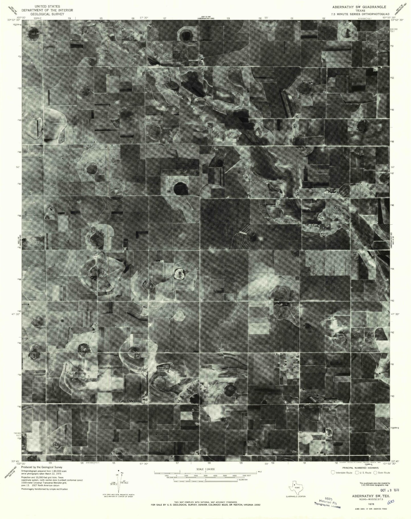 Classic USGS Abernathy SW Texas 7.5'x7.5' Topo Map Image