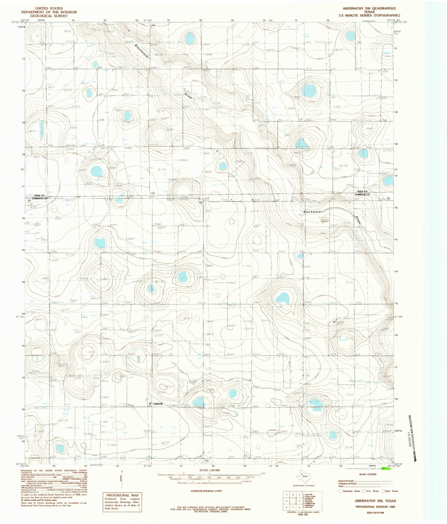 Classic USGS Abernathy SW Texas 7.5'x7.5' Topo Map Image