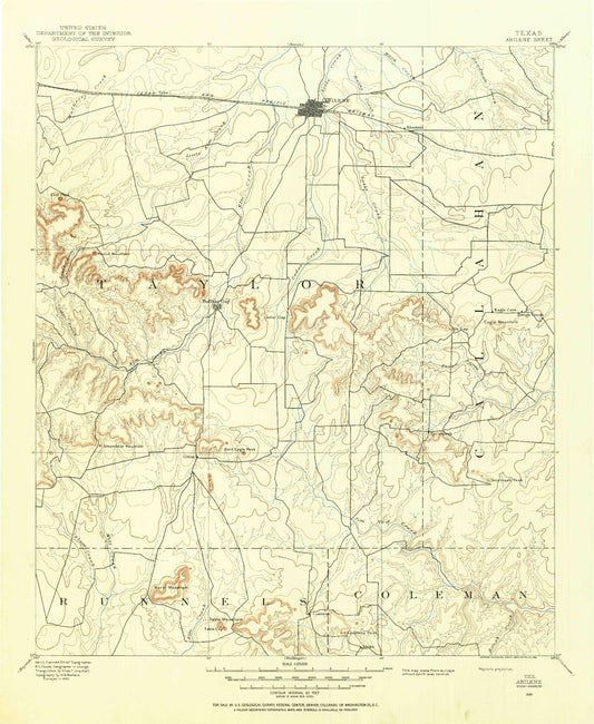 Historic 1890 Abilene Texas 30'x30' Topo Map Image
