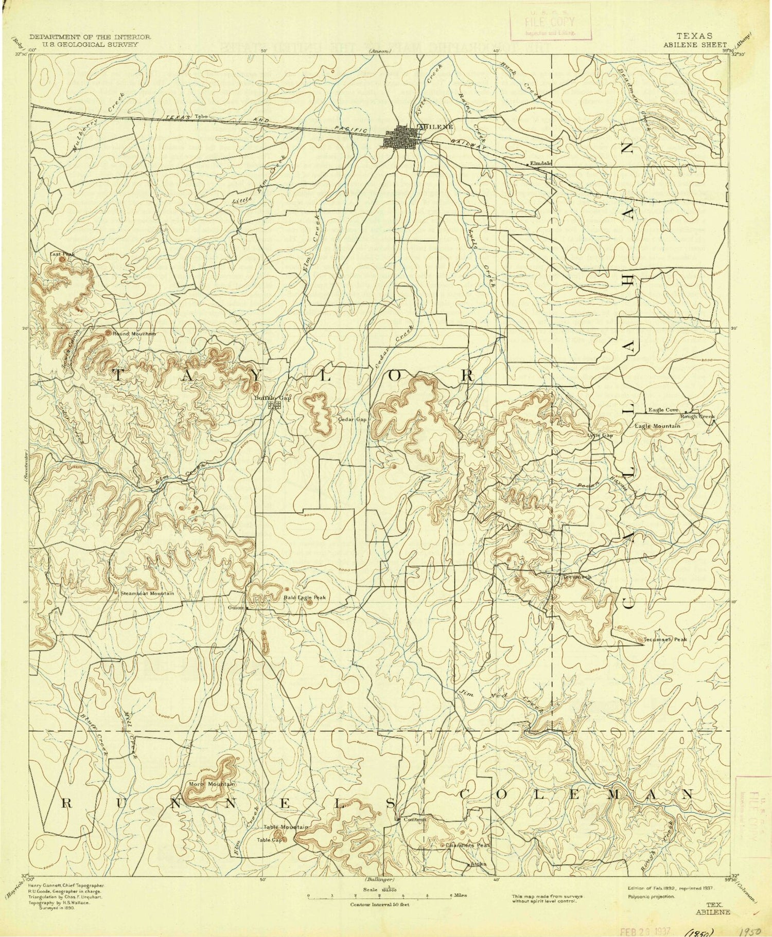 Historic 1892 Abilene Texas 30'x30' Topo Map Image