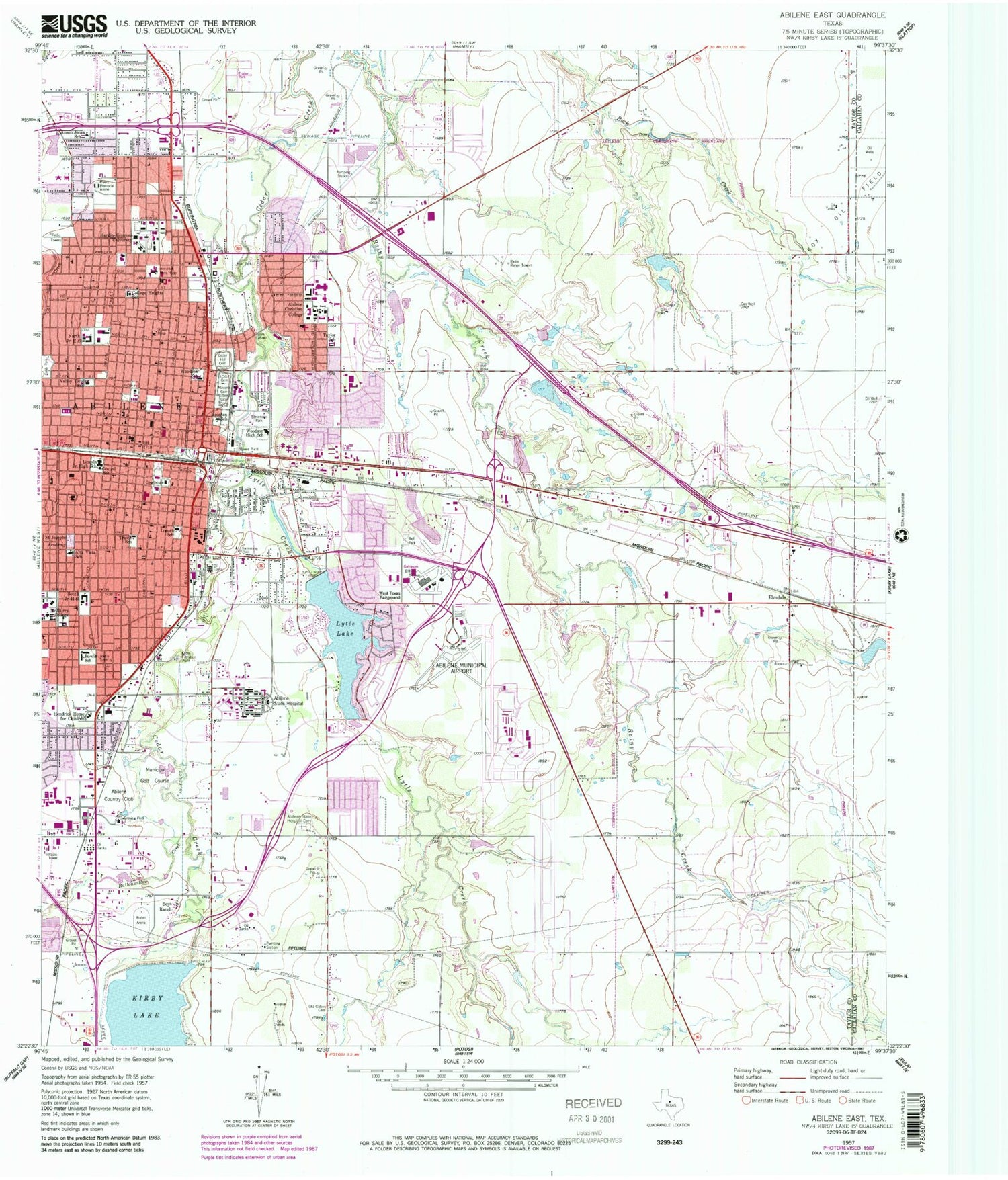 Classic USGS Abilene East Texas 7.5'x7.5' Topo Map Image