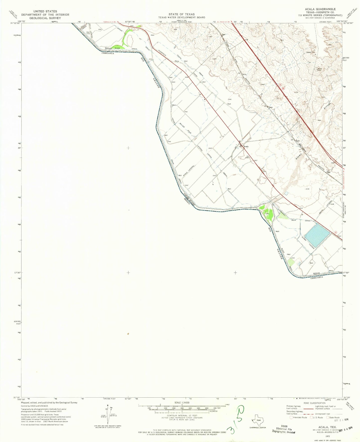 Classic USGS Acala Texas 7.5'x7.5' Topo Map Image