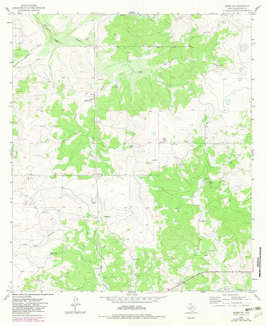 Classic USGS Adams NW Texas 7.5'x7.5' Topo Map Image