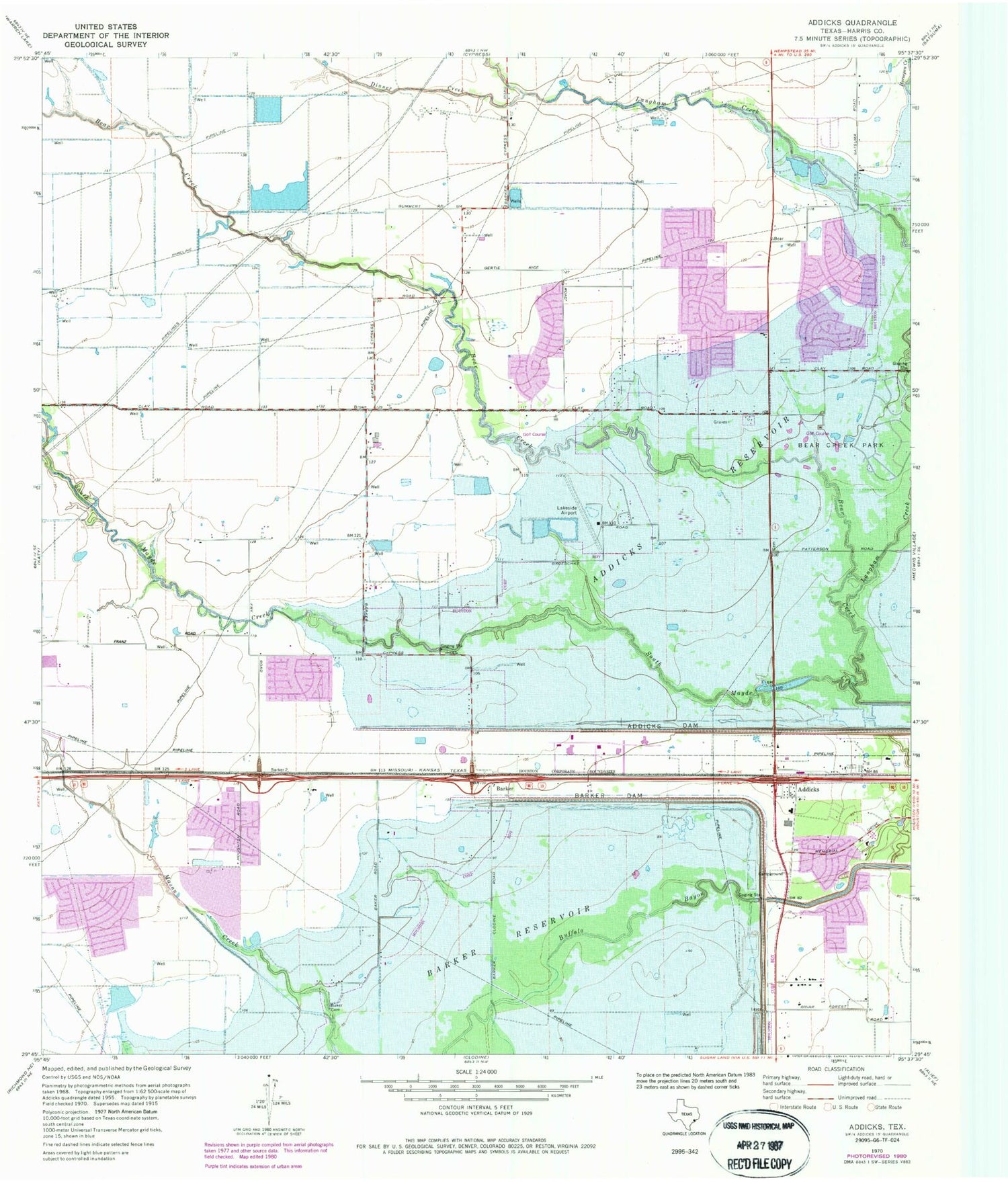 Classic USGS Addicks Texas 7.5'x7.5' Topo Map Image