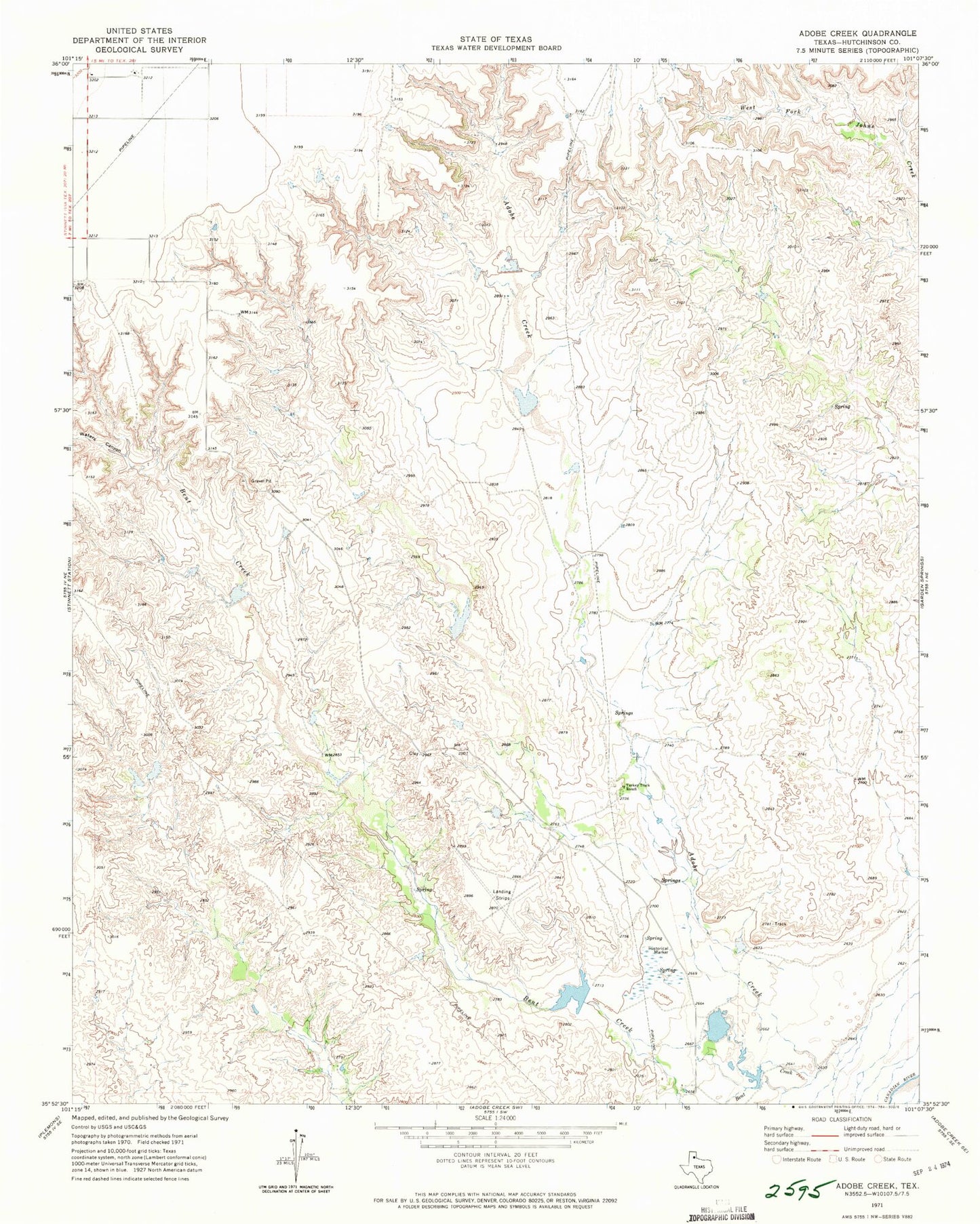 Classic USGS Adobe Creek Texas 7.5'x7.5' Topo Map Image