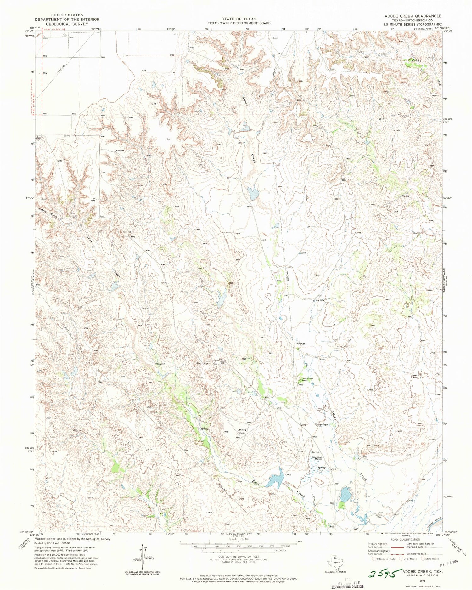 Classic USGS Adobe Creek Texas 7.5'x7.5' Topo Map Image