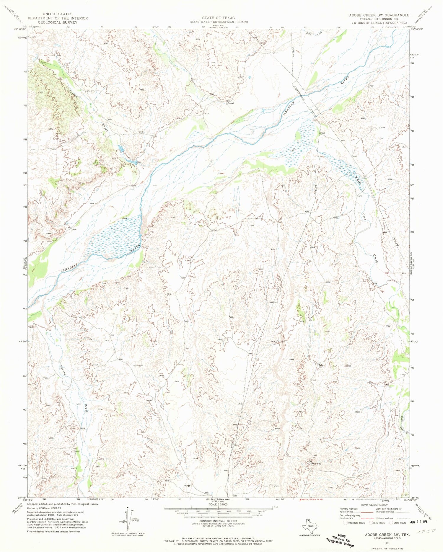 Classic USGS Adobe Creek SW Texas 7.5'x7.5' Topo Map Image