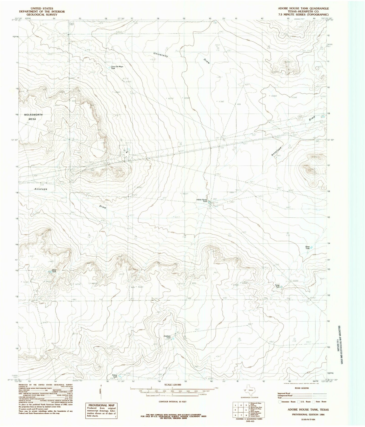Classic USGS Adobe House Tank Texas 7.5'x7.5' Topo Map Image