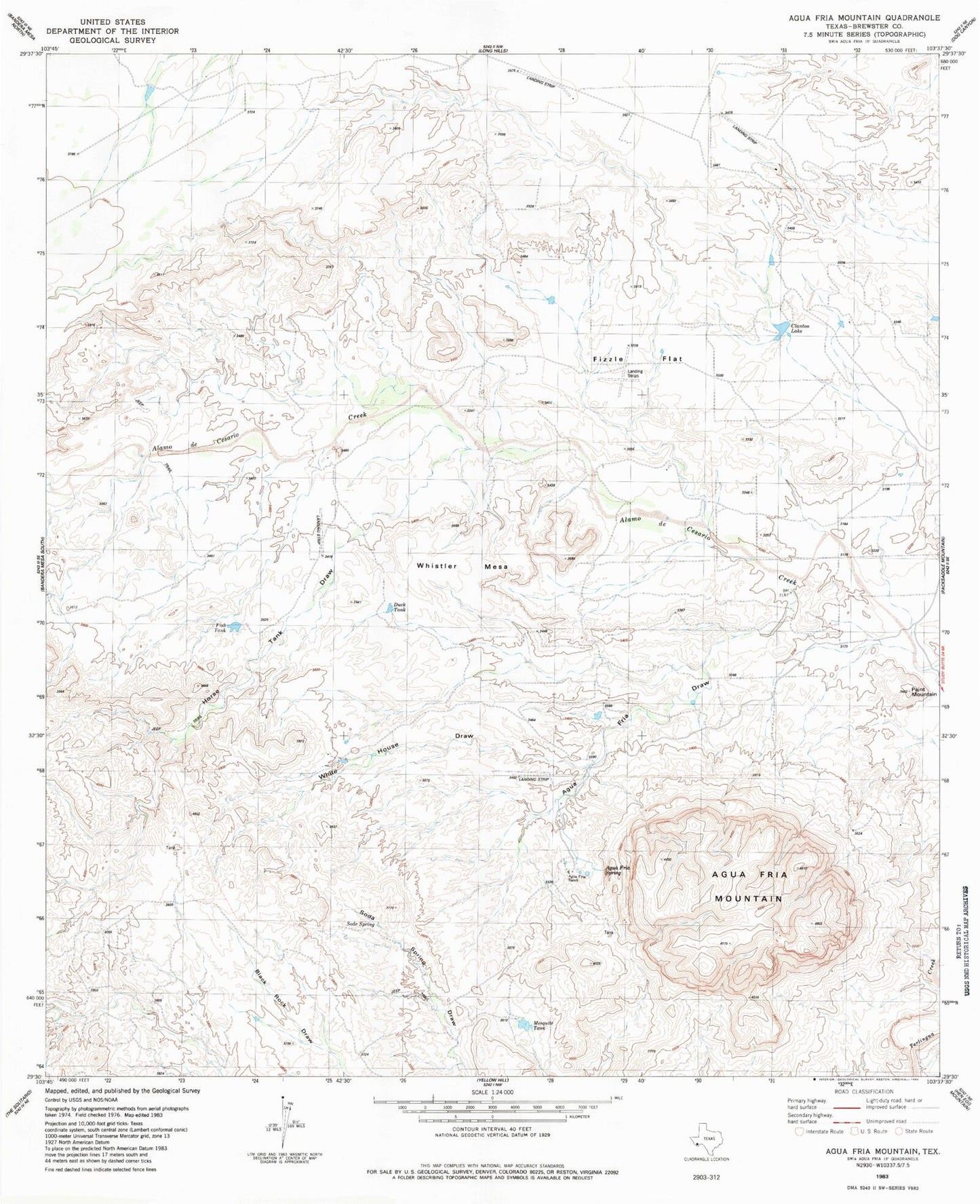 Classic USGS Agua Fria Mountain Texas 7.5'x7.5' Topo Map Image