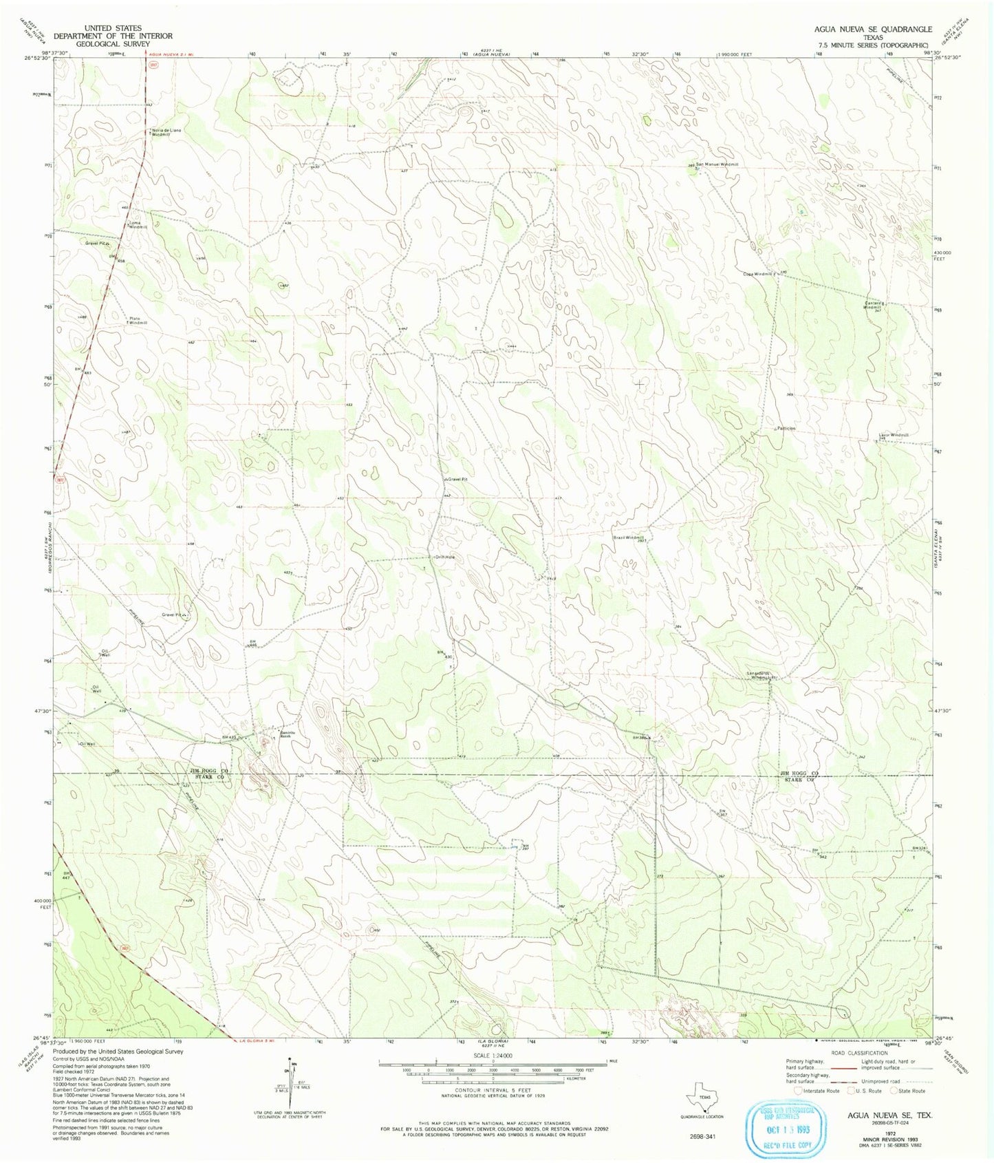 Classic USGS Agua Nueva SE Texas 7.5'x7.5' Topo Map Image