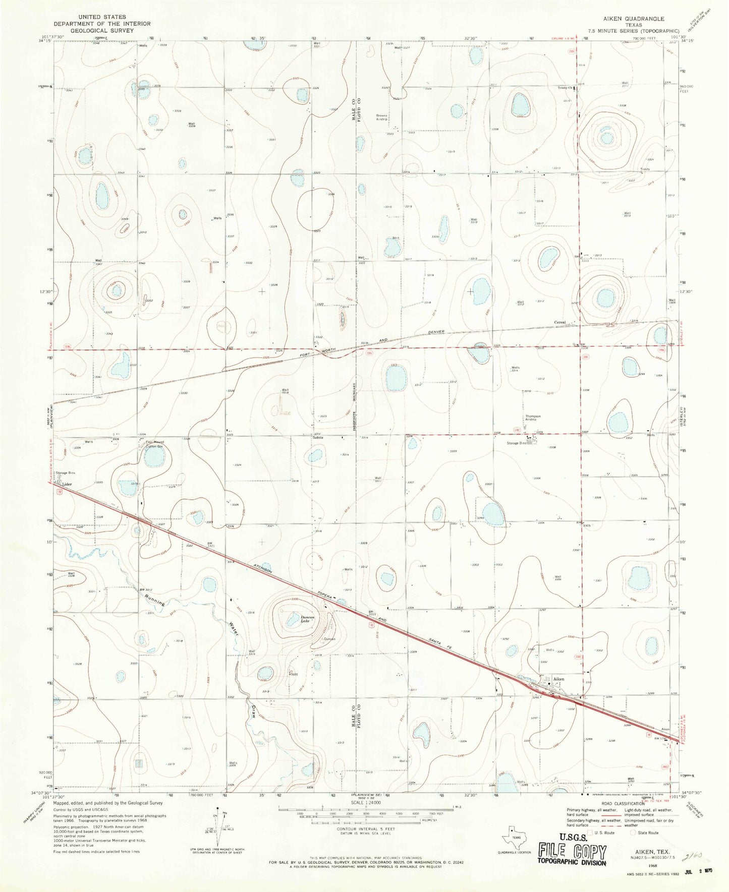 Classic USGS Aiken Texas 7.5'x7.5' Topo Map Image