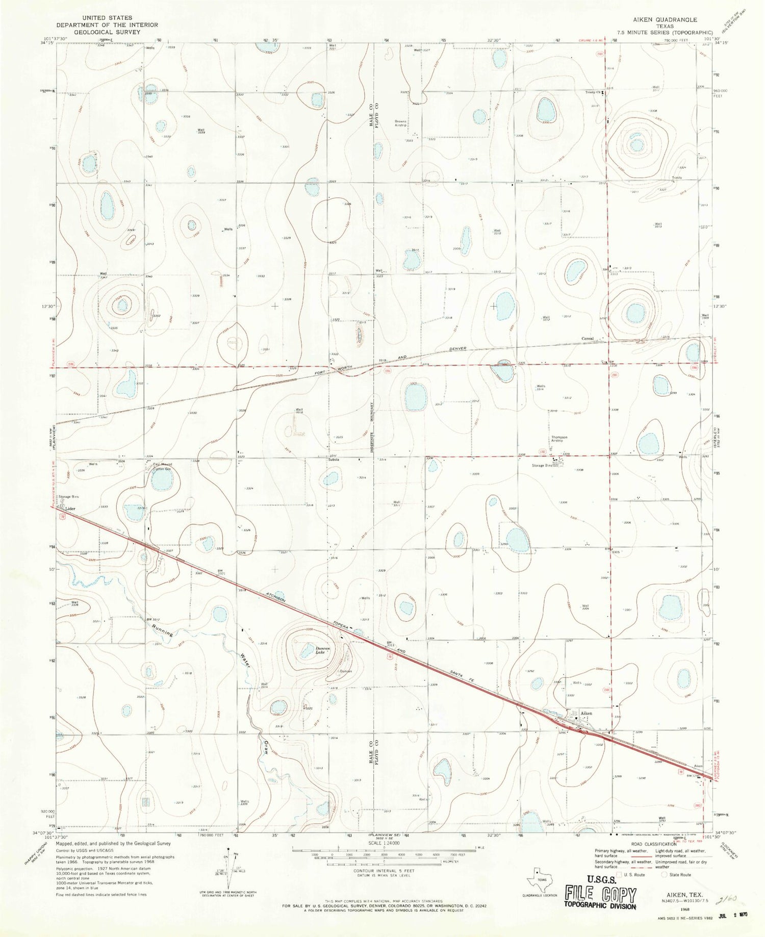 Classic USGS Aiken Texas 7.5'x7.5' Topo Map Image