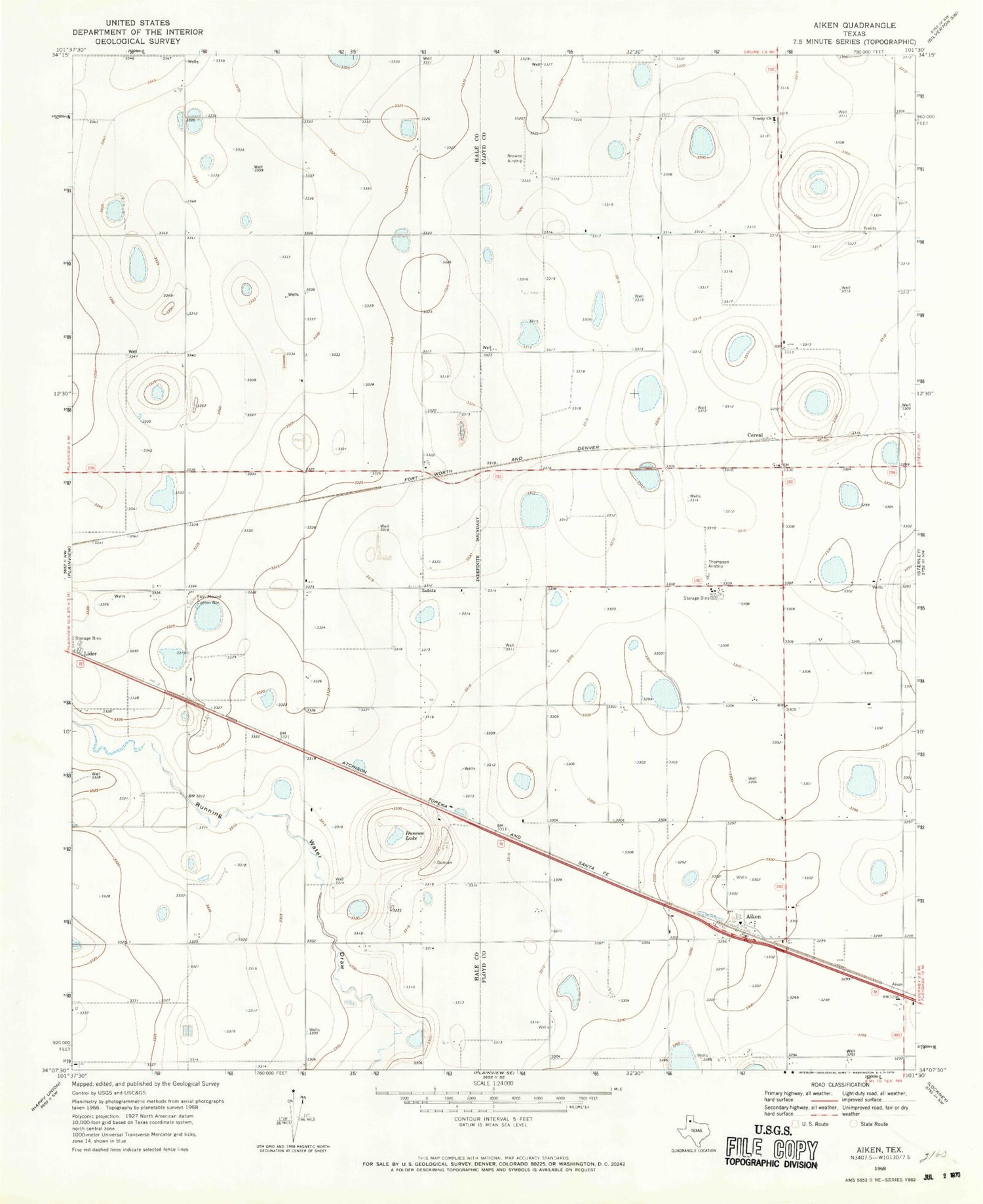 Classic USGS Aiken Texas 7.5'x7.5' Topo Map Image