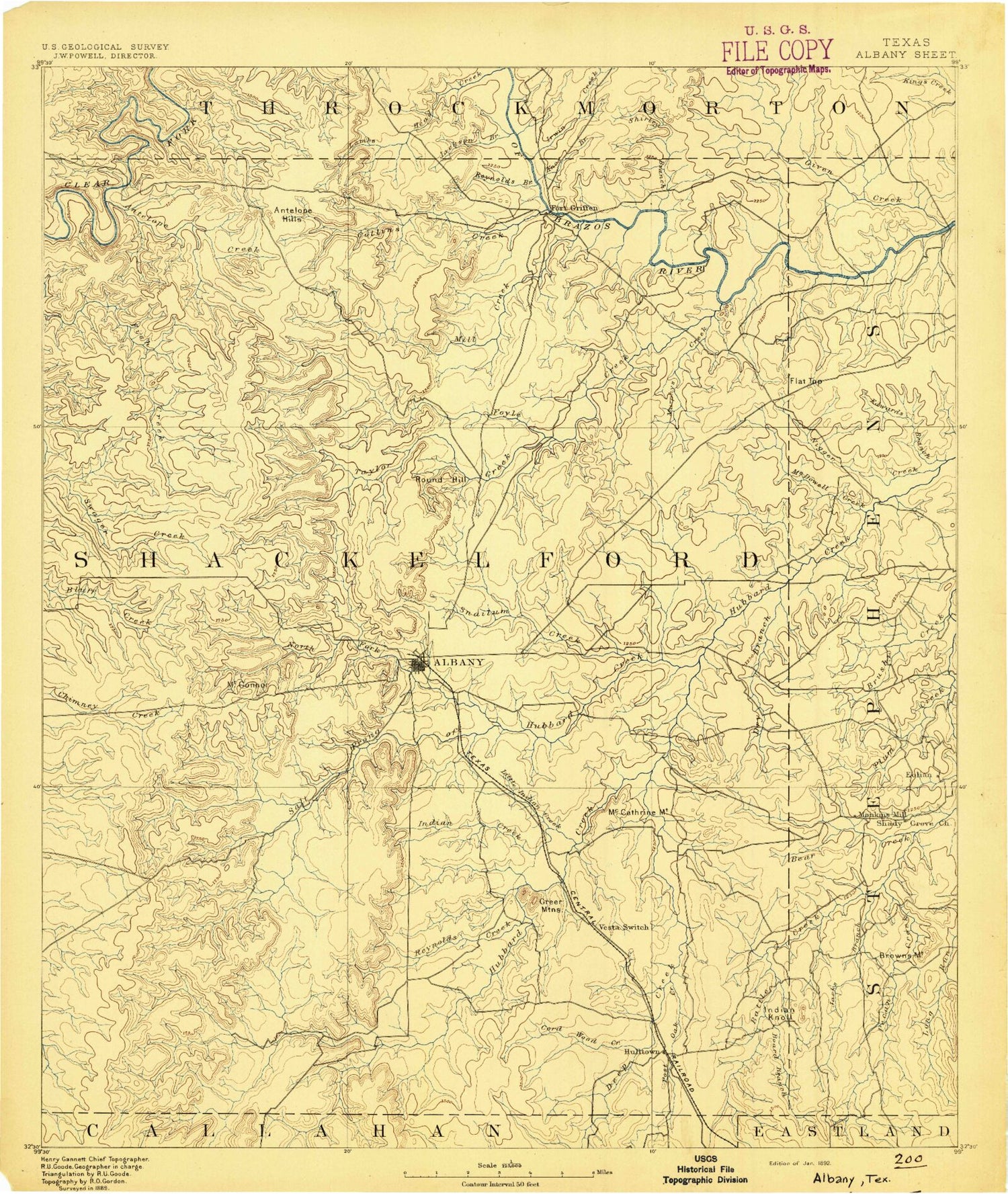 Historic 1892 Albany Texas 30'x30' Topo Map Image