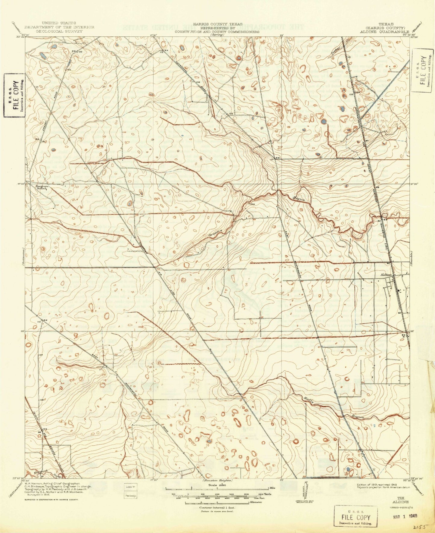 Classic USGS Aldine Texas 7.5'x7.5' Topo Map Image